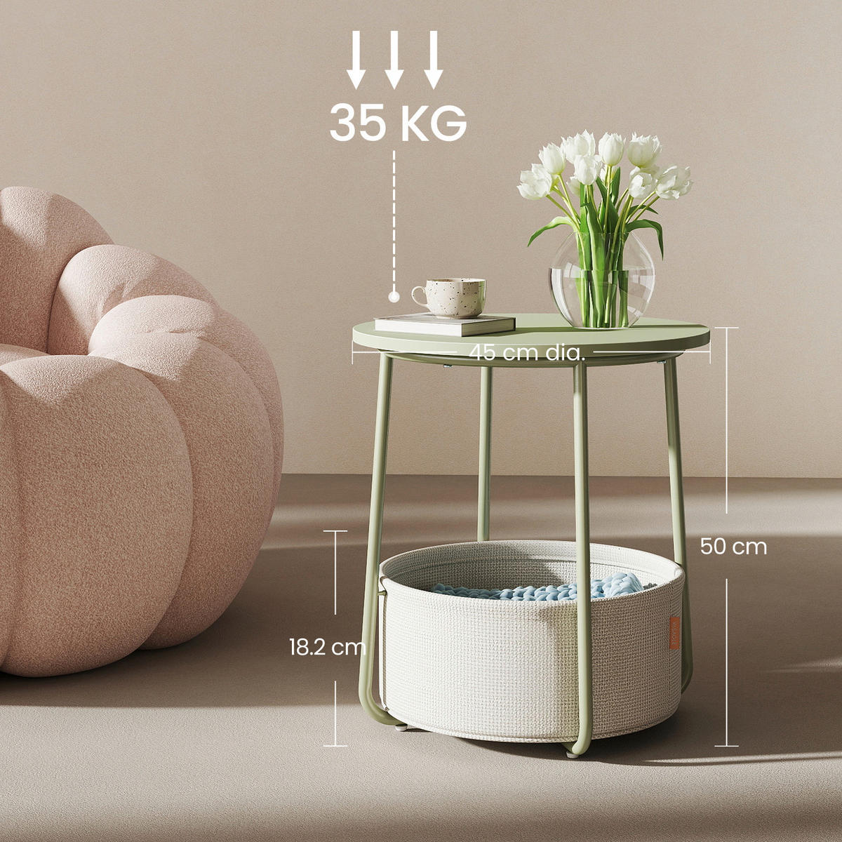 BEISTELLTISCH Weiß, Hellgrün rund  - Weiß/Hellgrün, Trend, Holzwerkstoff/Textil (45/50/45cm) - MID.YOU