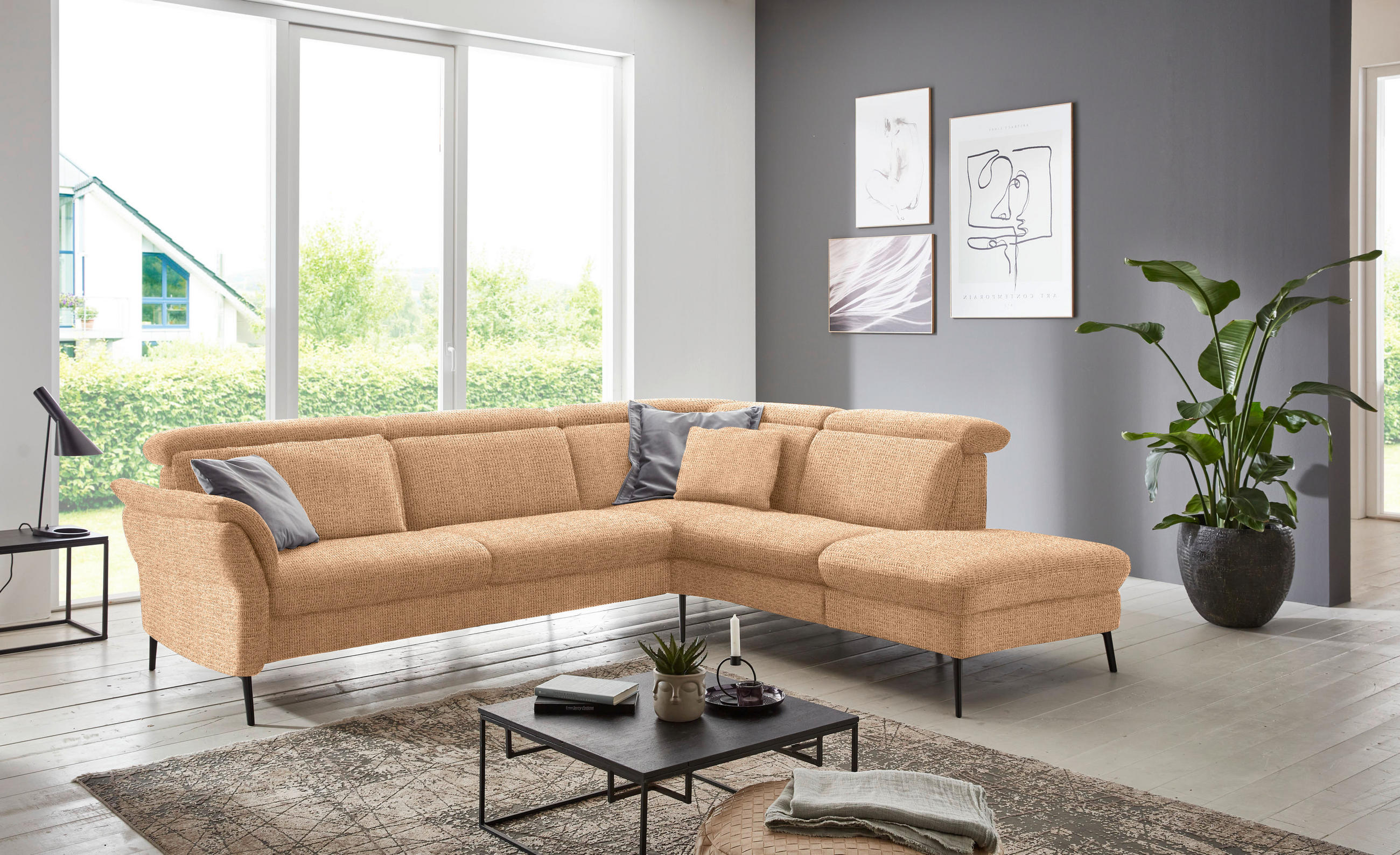 ECKSOFA in Struktur Cognac  - Cognac/Schwarz, Modern, Textil/Metall (275/235cm) - Cantus