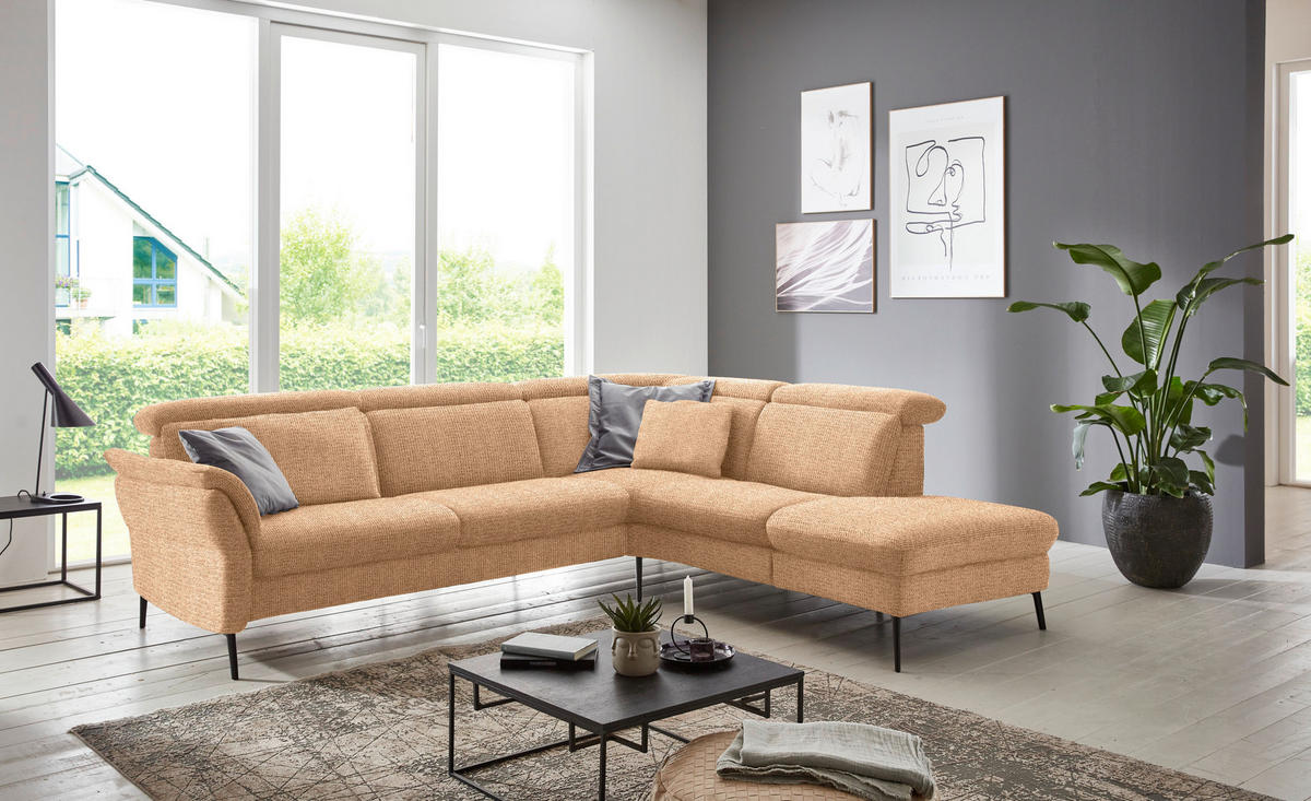 ECKSOFA in Struktur Cognac  - Cognac/Schwarz, Modern, Textil/Metall (275/235cm) - Cantus