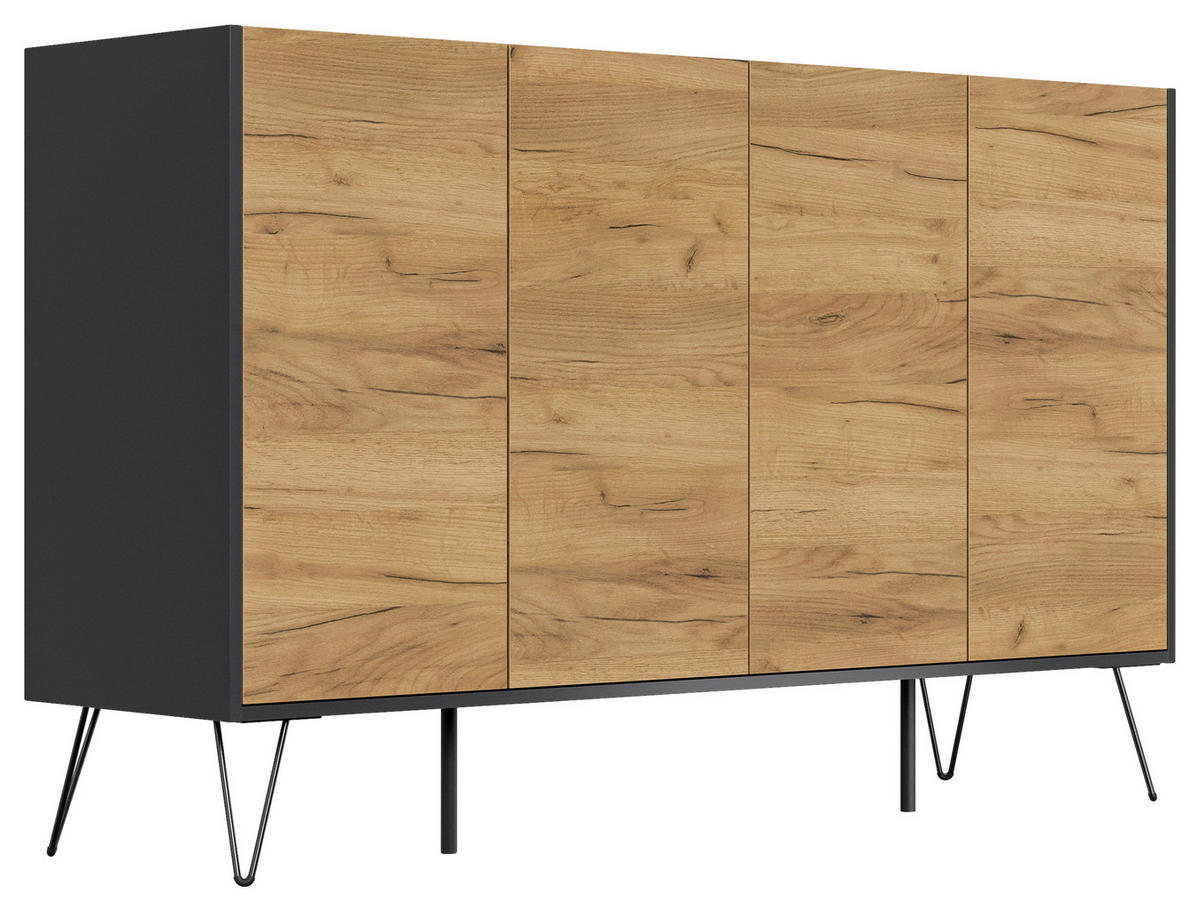SIDEBOARD Posseik Industrial 155/93,6/42 cm  - Eichefarben/Graphitfarben, Design, Holzwerkstoff/Metall (155/93,6/42cm) - P & B
