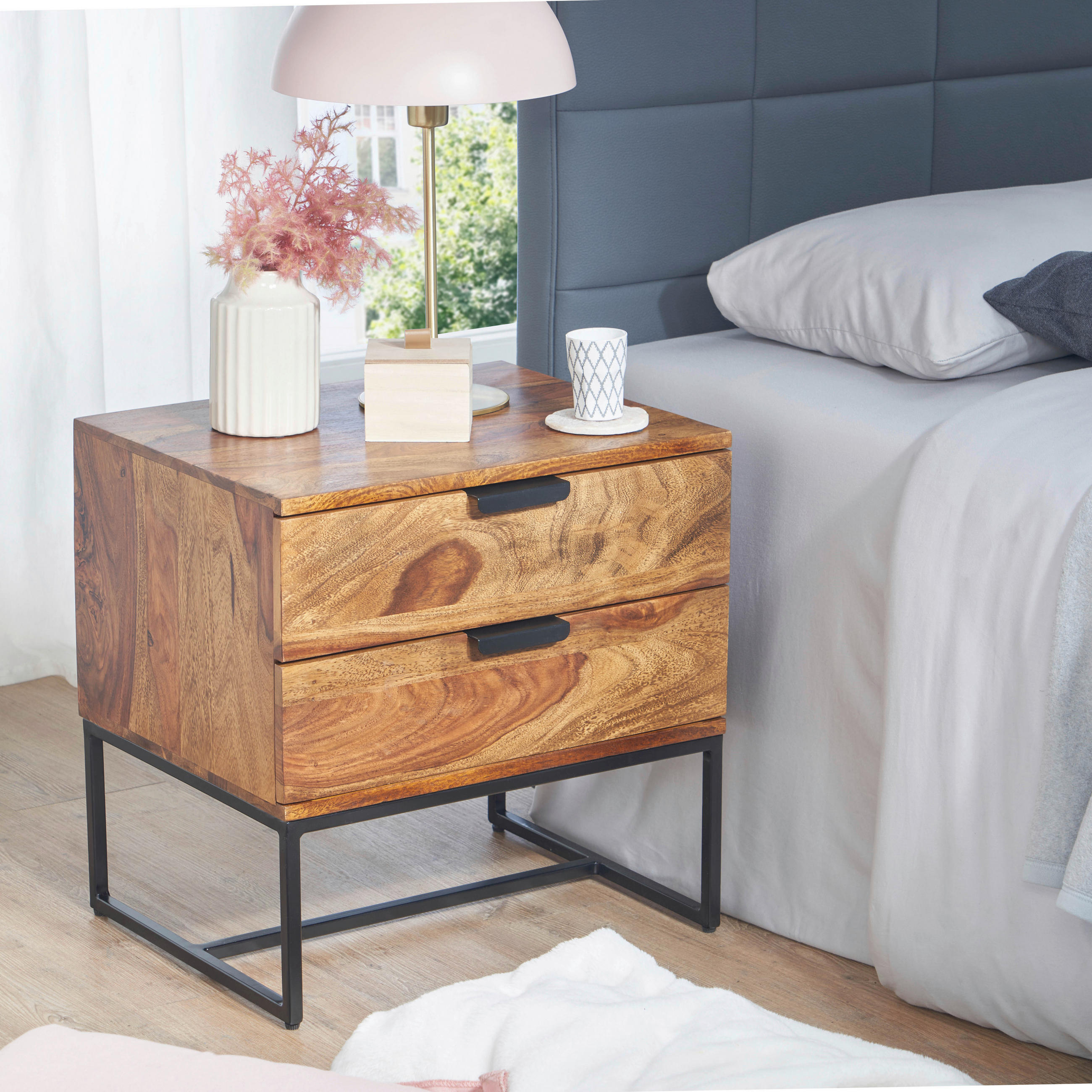 NACHTTISCH 50/51/40 cm in massiv Sheesham Sheeshamfarben - Sheeshamfarben/Schwarz, Design, Holz/Metall (50/51/40cm) - MID.YOU