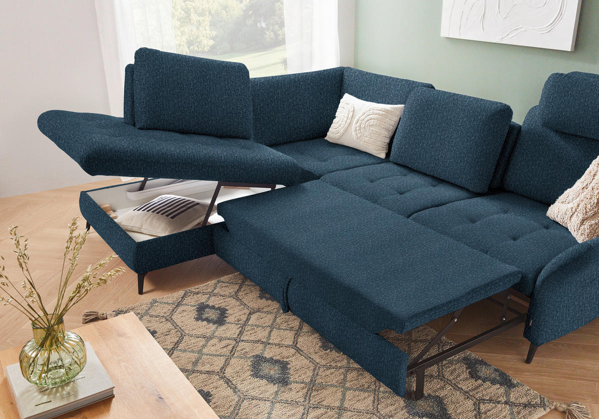 ECKSOFA Blau Struktur  - Blau/Schwarz, Natur, Textil/Metall (233/288cm) - Valnatura