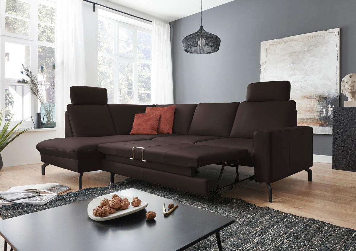 ECKSOFA Echtleder Dunkelbraun  - Dunkelbraun/Schwarz, Design, Leder/Metall (194/250cm) - Beldomo Premium