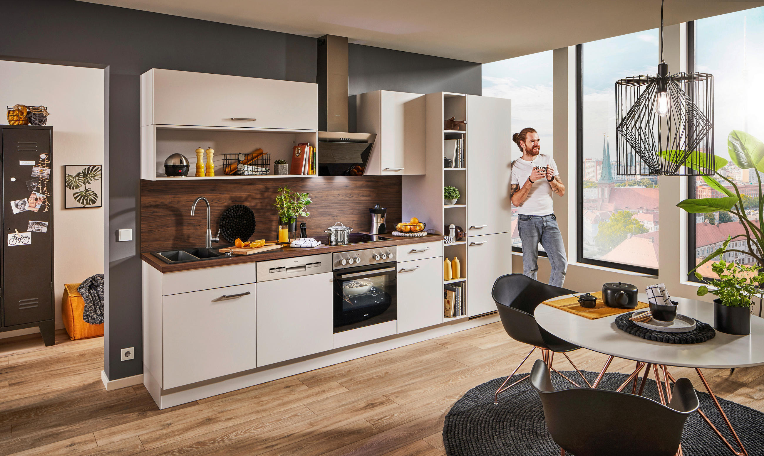 KUCHYŇSKÁ LINKA SILVIO 320 - šedá/barvy ořechu, Design, kompozitní dřevo (320cm) - Celina