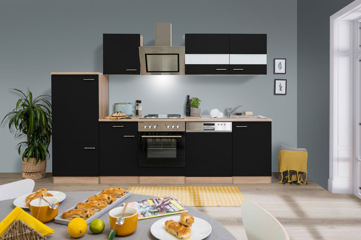 KÜCHENBLOCK 280 cm   in Schwarz  - Edelstahlfarben/Eichefarben, Basics, Holzwerkstoff/Metall (280cm) - Respekta