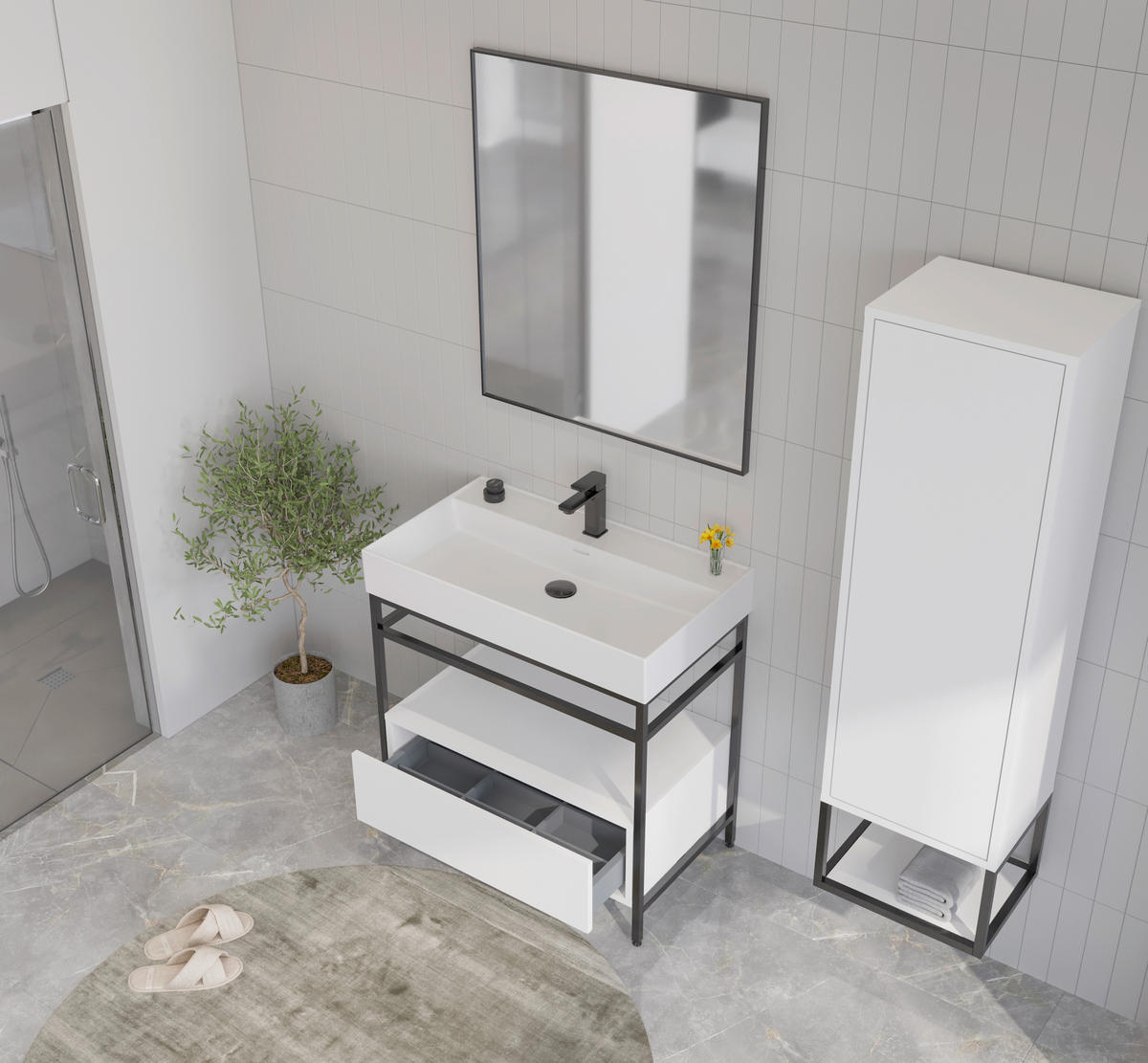 BADEZIMMER 3-teilig  in 80 cm  - Schwarz/Weiß, Design, Keramik/Holzwerkstoff (80cm) - Welnova