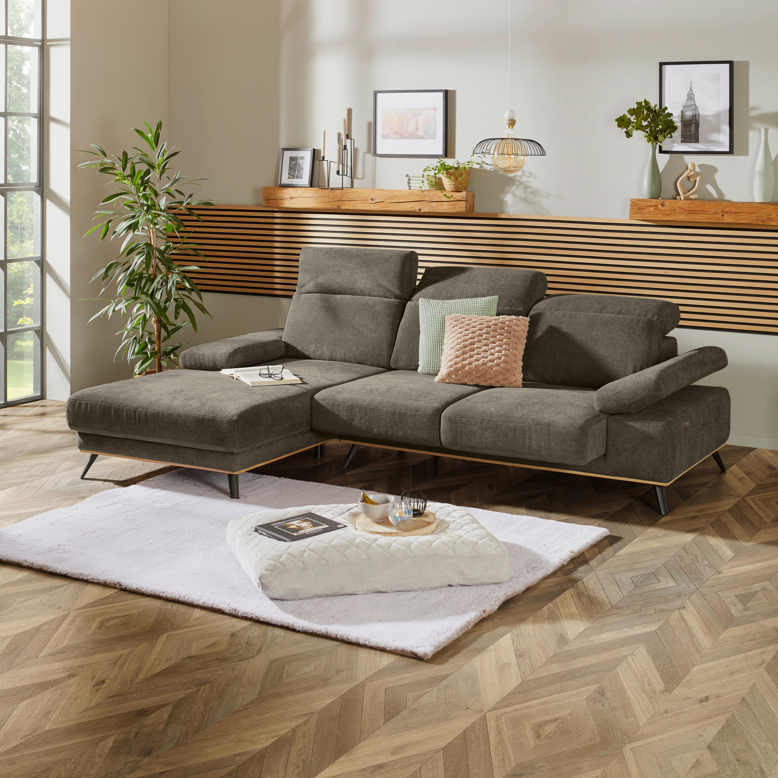 ECKSOFA ROYCE Olivgrün Struktur  - Schwarz/Olivgrün, MODERN, Textil/Metall (194/283cm) - MID.YOU