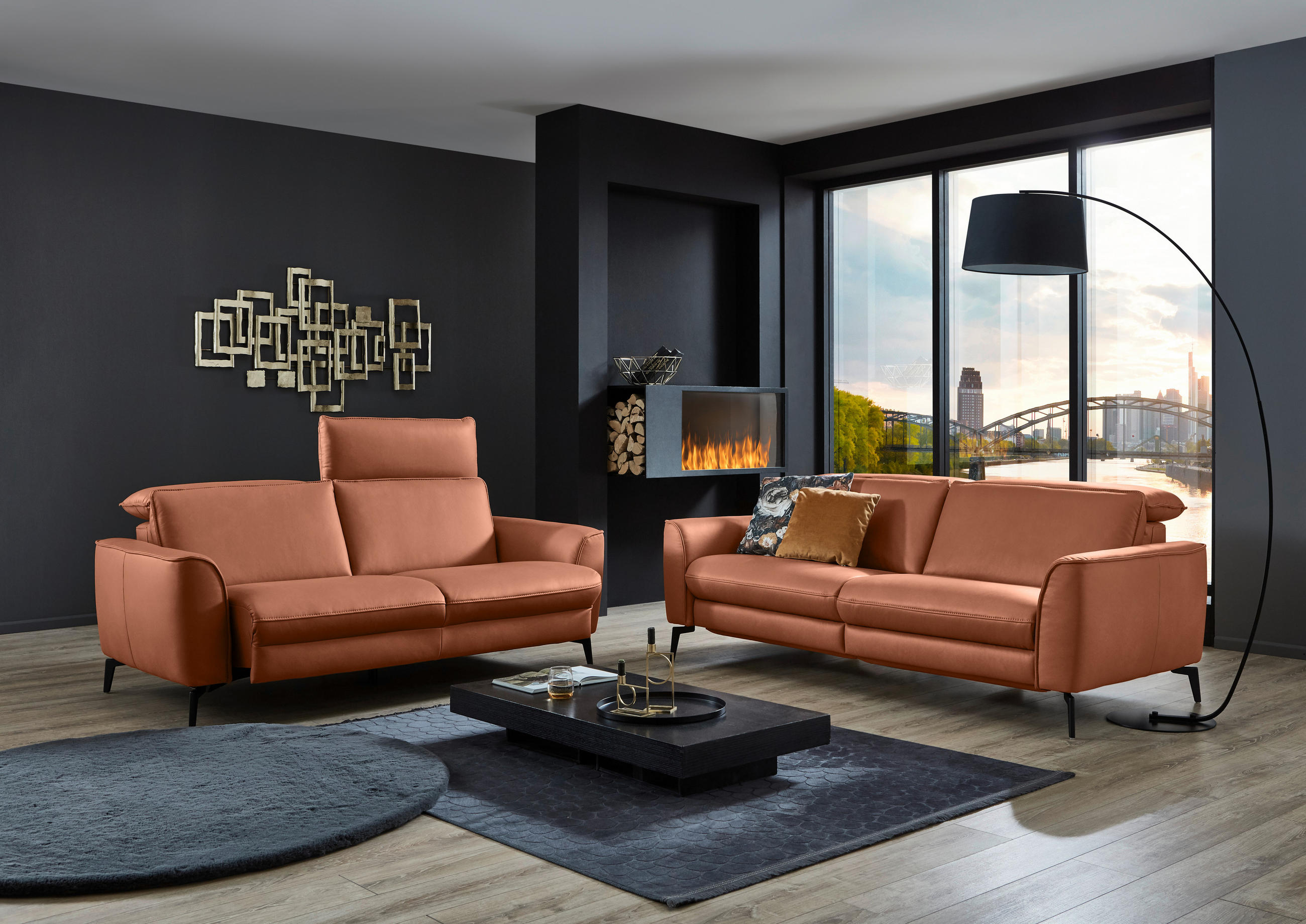 2,5-SITZER in Echtleder Cognac  - Cognac/Schwarz, Natur, Leder/Metall (194/81/110cm) - Valdera