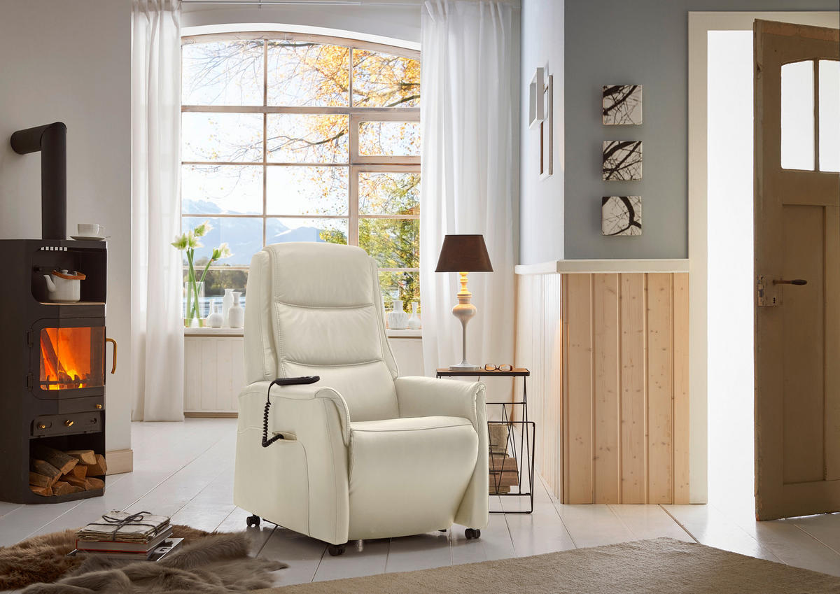 FERNSEHSESSEL Valdera  mit Relaxfunktion, Aufstehhilfe, Rücken echt Echtleder Ecru  - Ecru/Schwarz, KONVENTIONELL, Leder/Kunststoff (70/107/88cm) - Livetastic