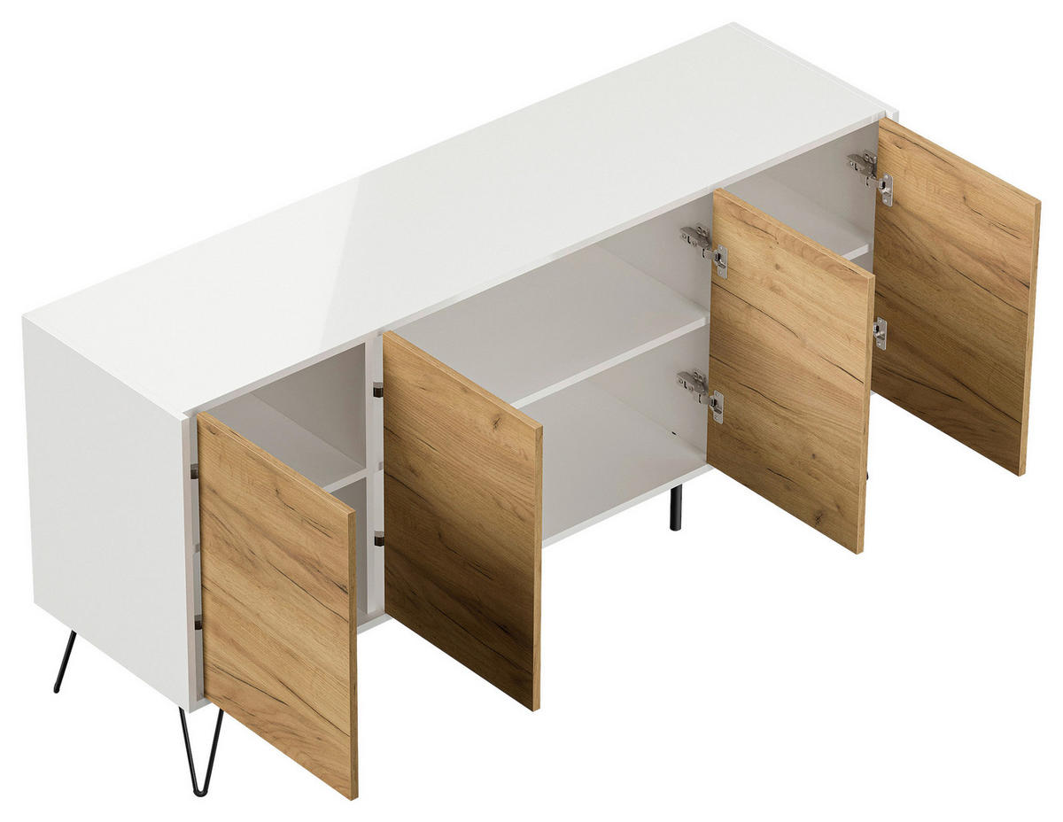 SIDEBOARD Posseik Industrial 155/75,8/42 cm  - Eichefarben/Weiß Hochglanz, Design, Holzwerkstoff/Metall (155/75,8/42cm) - MID.YOU