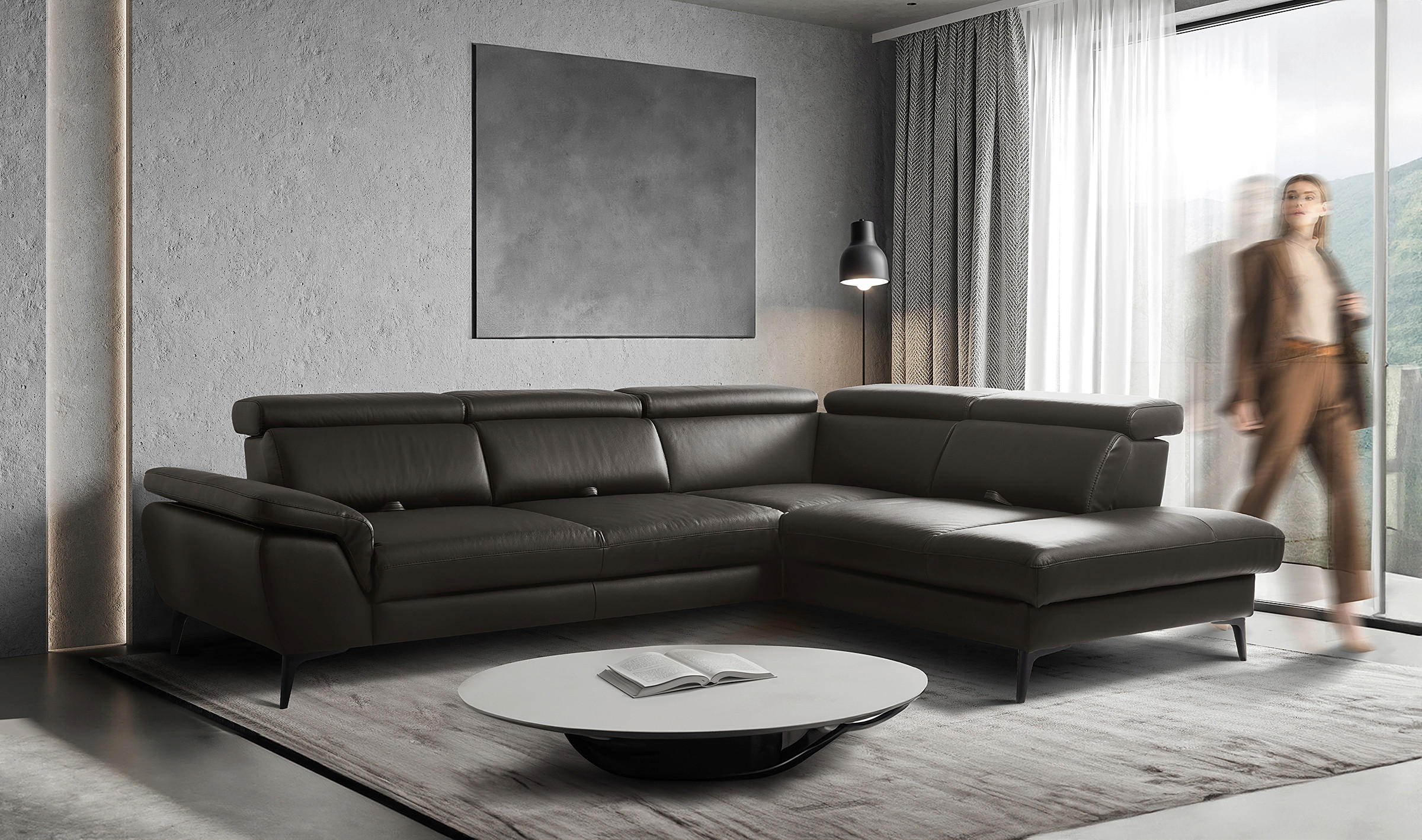 ECKSOFA  in Lederlook Echtleder Dunkelbraun  274/220 cm  - Dunkelbraun/Schwarz, Design, Leder/Textil (274/220cm) - Livetastic