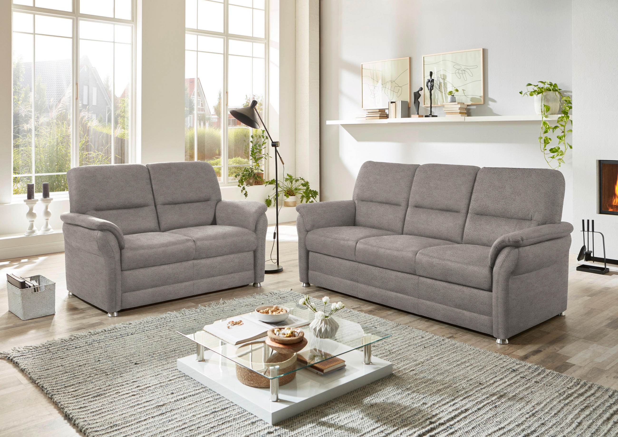 SITZGARNITUR in Mikrofaser Hellgrau  - Hellgrau/Alufarben, Konventionell, Textil/Metall (192/96/89cm) - Beldomo Comfort
