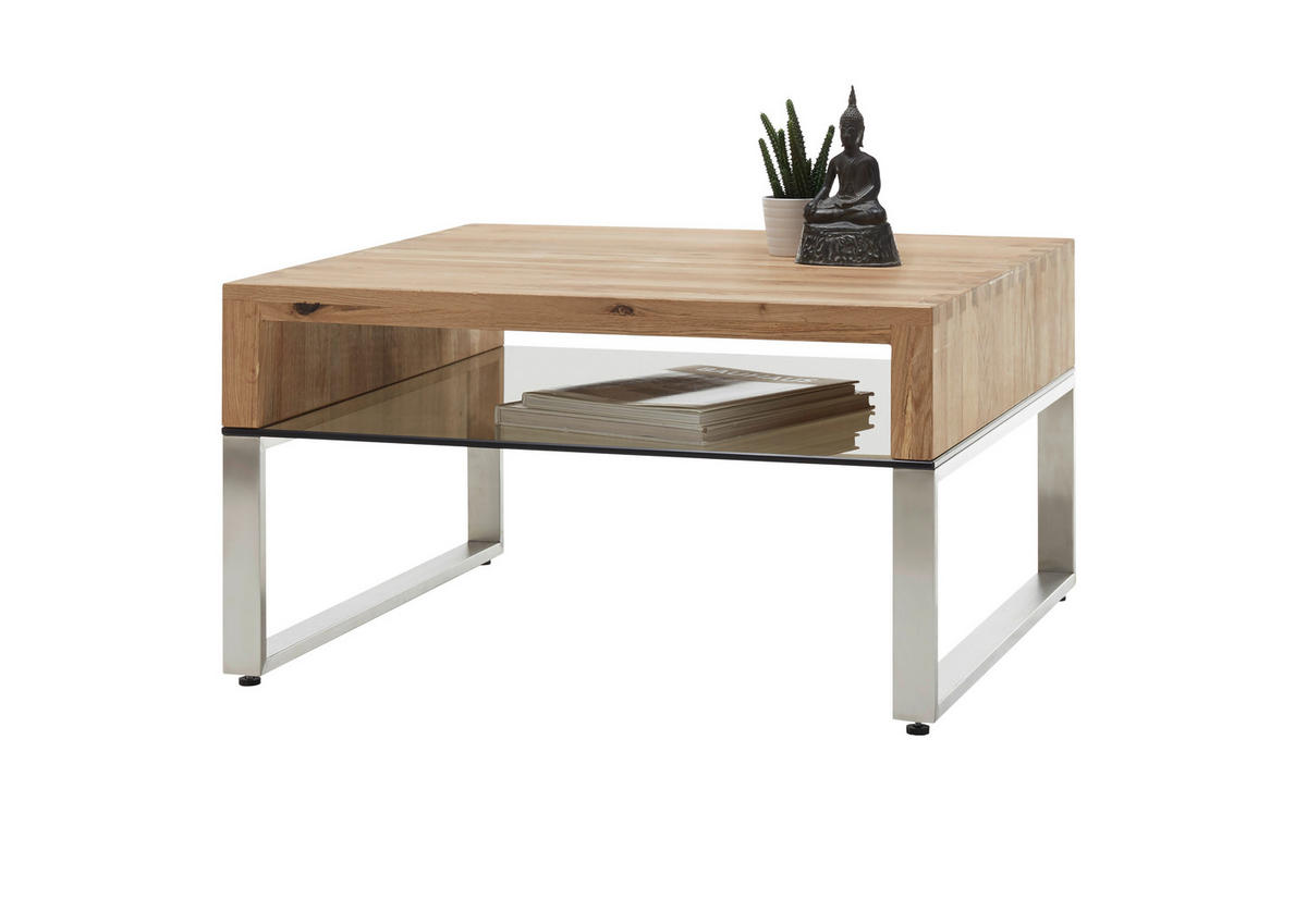 COUCHTISCH in Holz, Metall, Glas 70/70/39 cm  - Edelstahlfarben/Eichefarben, Design, Glas/Holz (70/70/39cm) - Novel