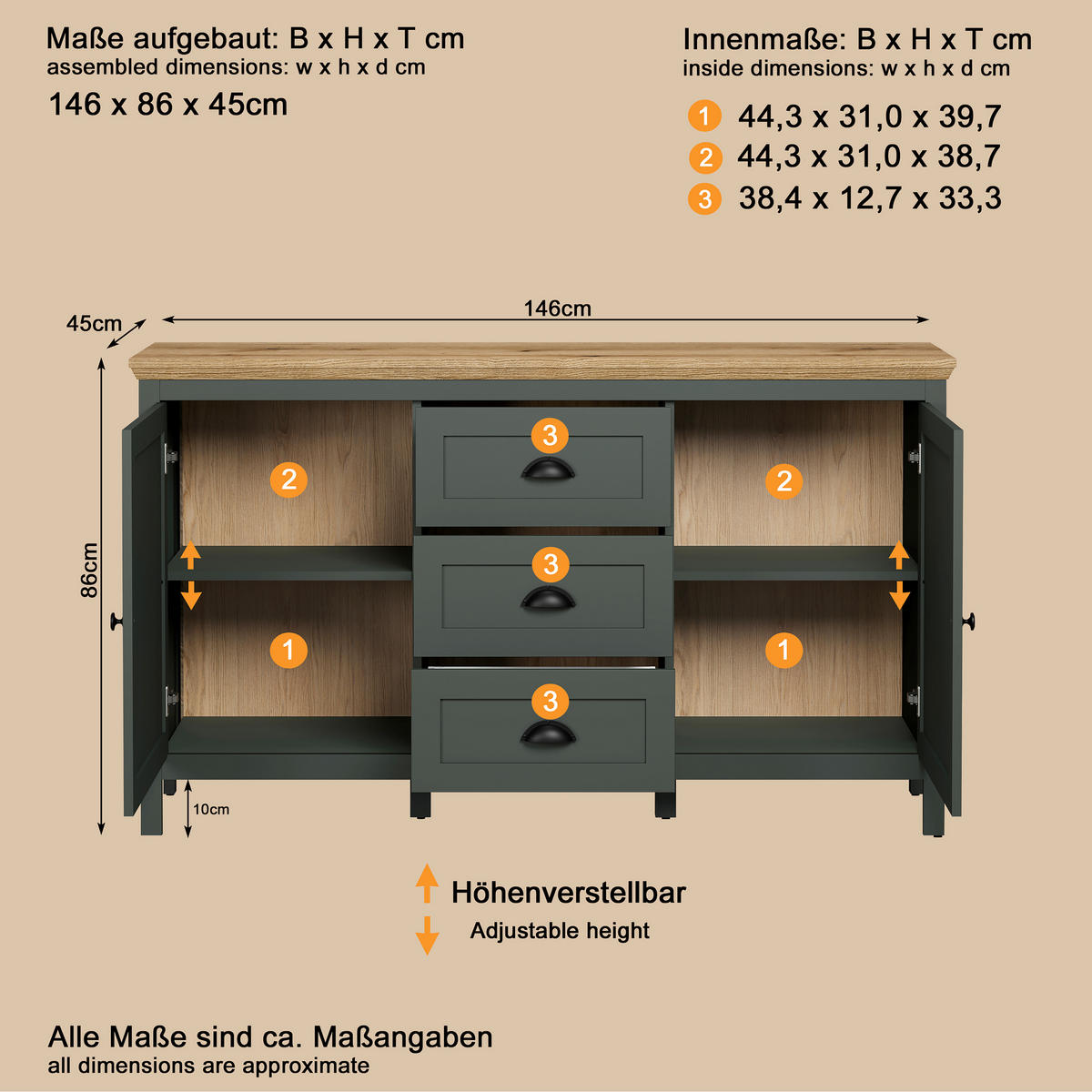 SIDEBOARD STANTON 146/86/45 cm 3 Schublade(n)  - Waldgrün/Schwarz, Design, Holzwerkstoff/Kunststoff (146/86/45cm) - MID.YOU