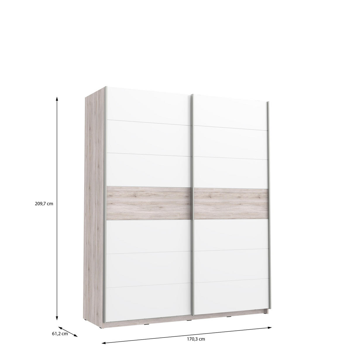 Dulap Cu Uși Glisante, 170,3/209,7/61,2 cm, culoare lemn stejar, alb lucios intens - culoare lemn stejar/alb lucios intens, Basics, metal/material pe bază de lemn (170,3/209,7/61,2cm) - Xora