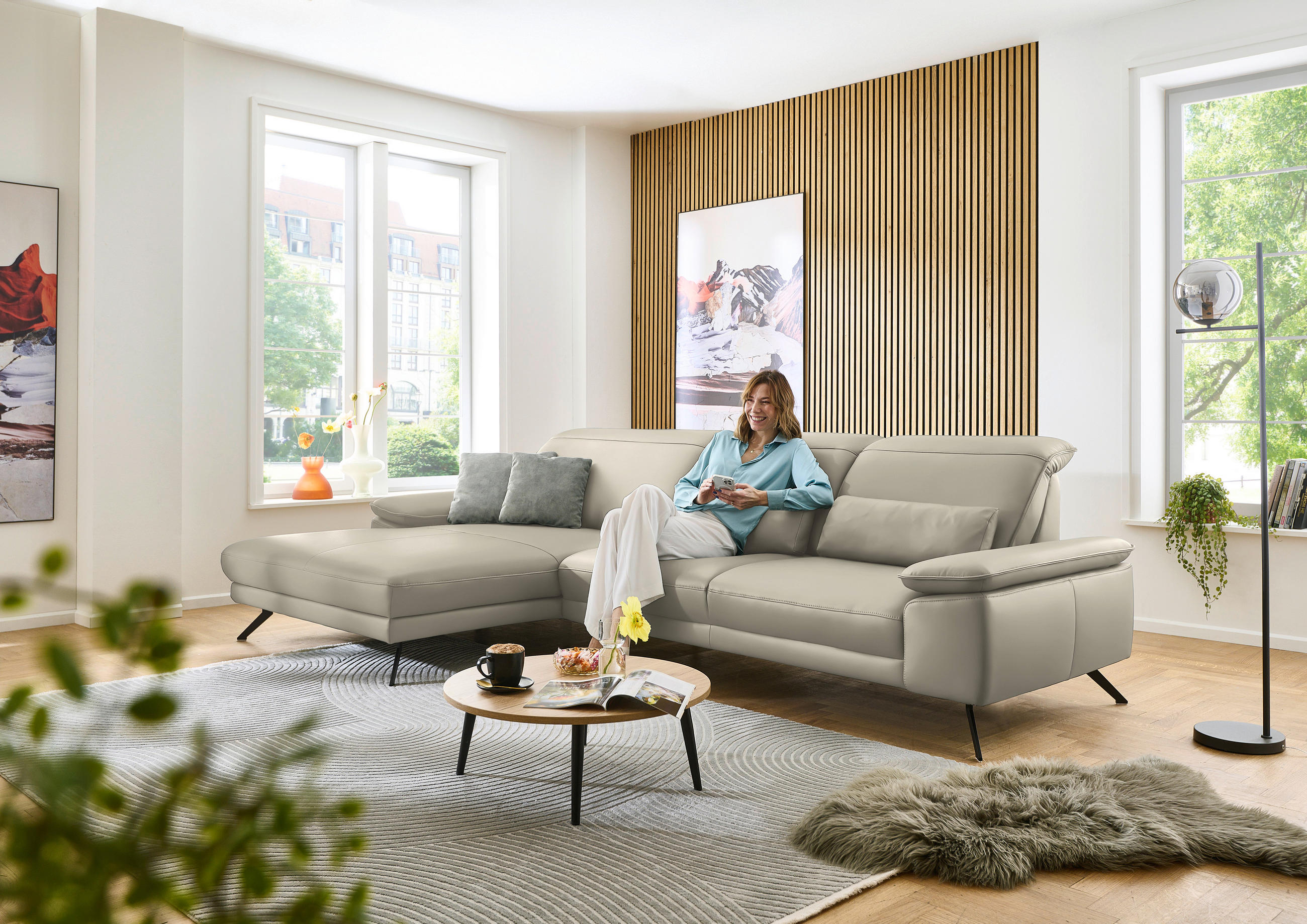ECKSOFA in Echtleder Ecru  - Ecru/Schwarz, Design, Leder/Metall (193/332cm) - Dieter Knoll