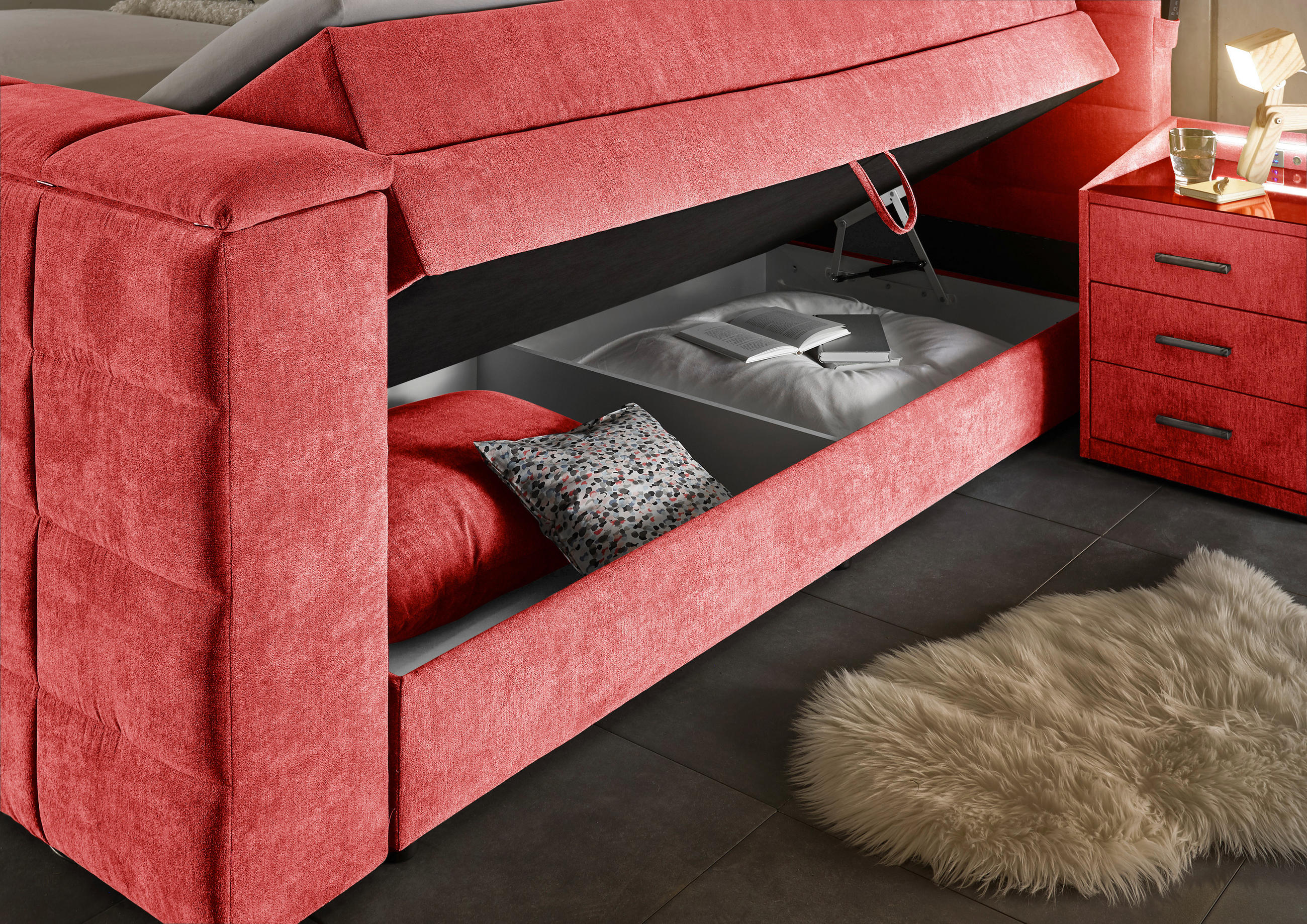 Thumbnail - Boxxx Boxspringbett, Rot, Textil, H2 + H3, 7-Zonen, Höhe ca. 18 cm, 180x200 cm, Bettkasten, gepolstertes Kopfteil, Toppe...