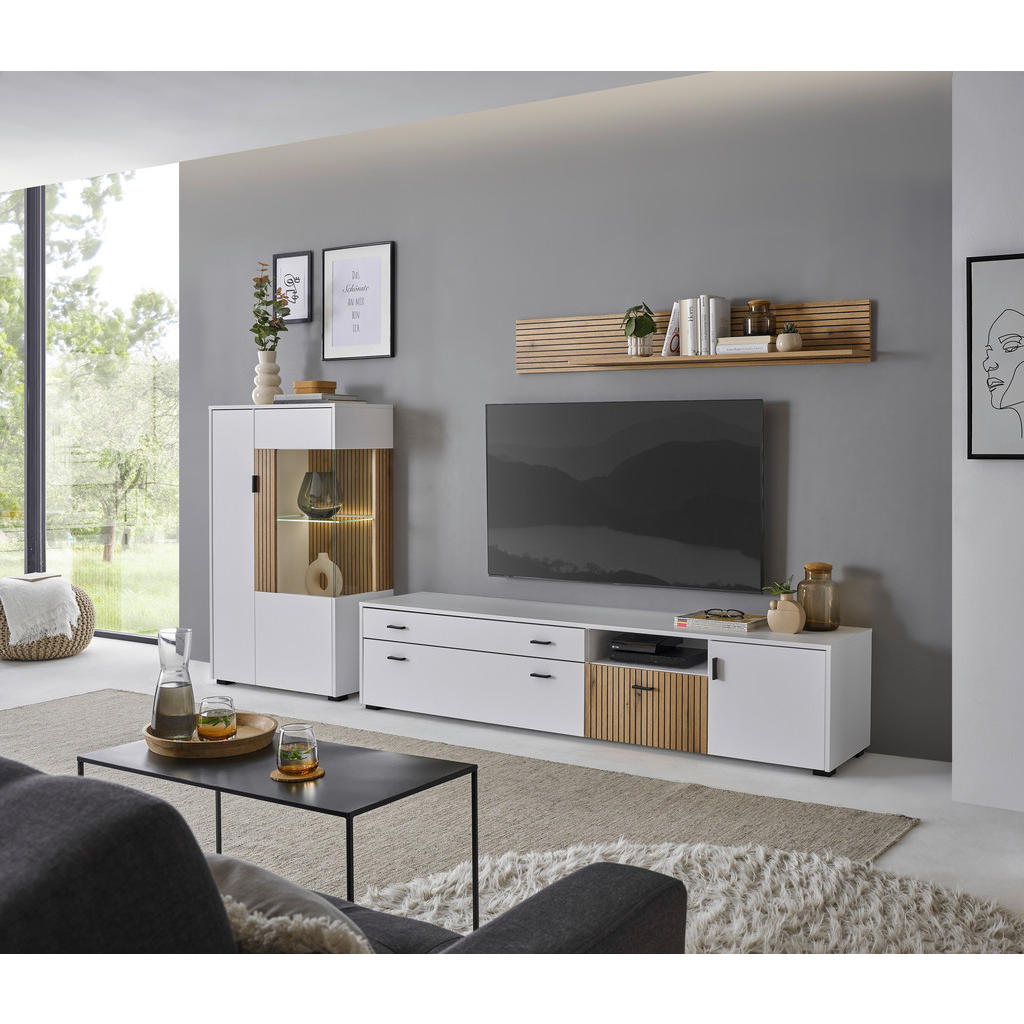 Thumbnail - Mid.you Wohnwand, Weiß, Eiche, Metall, 3-teilig, 5 Fächer, 1 Schubladen, 285x170x42 cm, Typenauswahl, stehend, Wohnzimme...