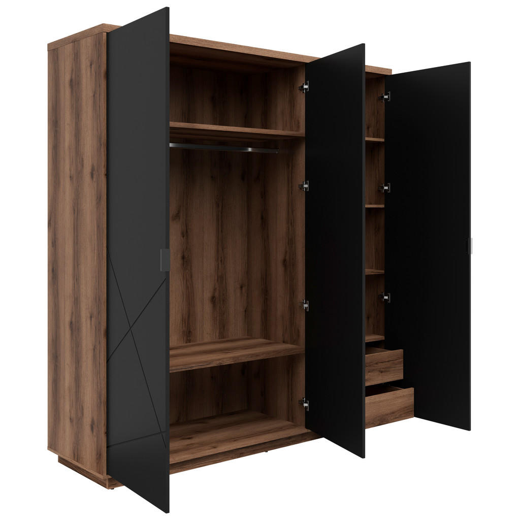 Thumbnail - Mid.you Drehtürenschrank, Schwarz, Eiche, Holzwerkstoff, 4 Fächer, 2 Schubladen, 180x200.5x56.5 cm, FSC Mix, Schlafzimme...