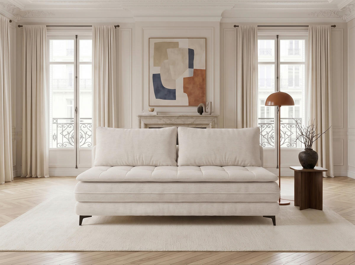 SCHLAFSOFA Chenille Creme  inkl. Bettkasten, Schlaffunktion, Topper  - Creme/Schwarz, Design, Textil/Metall (200/95/92cm) - Stylife