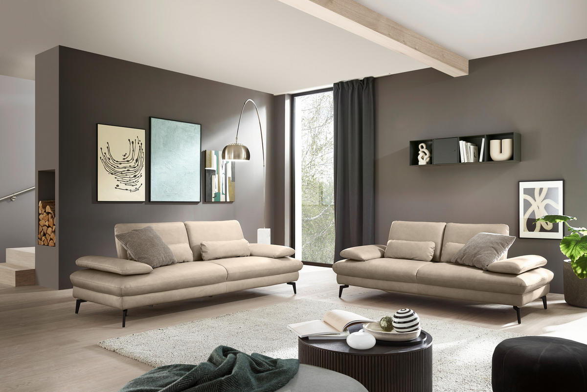 3-SITZER-SOFA in Echtleder Beige  - Beige/Schwarz, Design, Leder/Metall (238/86/94cm) - Dieter Knoll