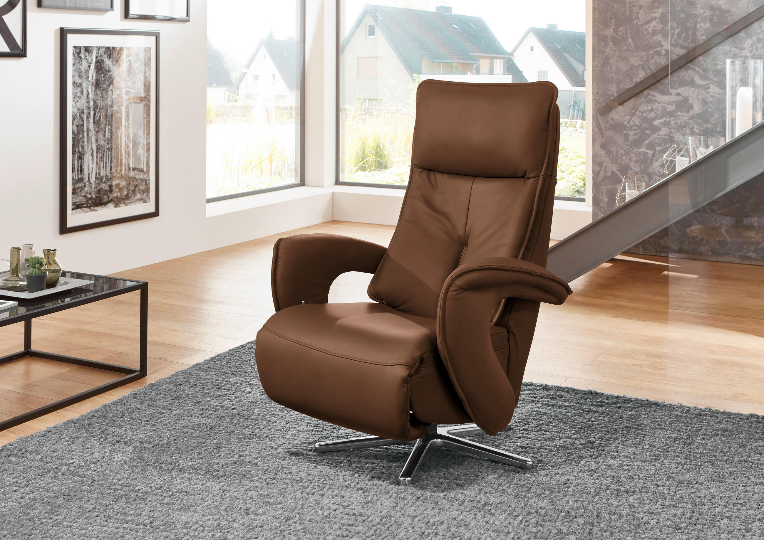 RELAXSESSEL in Leder Hellbraun  - Chromfarben/Hellbraun, Design, Leder/Metall (77/110/87cm) - Valdera