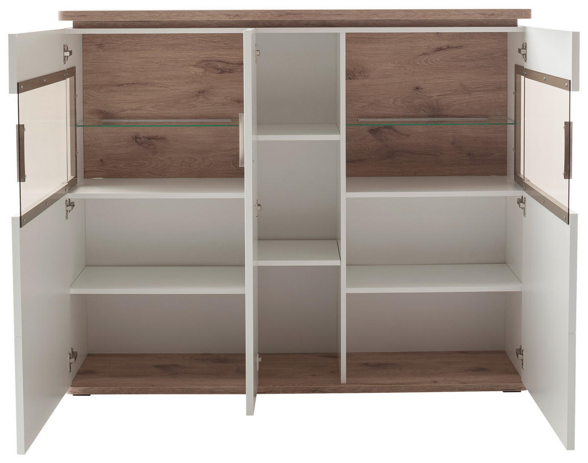 HIGHBOARD Tbilisi  in 150/124/38 cm  - Weiss/Eichefarben, Design, Glas/Holzwerkstoff (150/124/38cm) - Livetastic