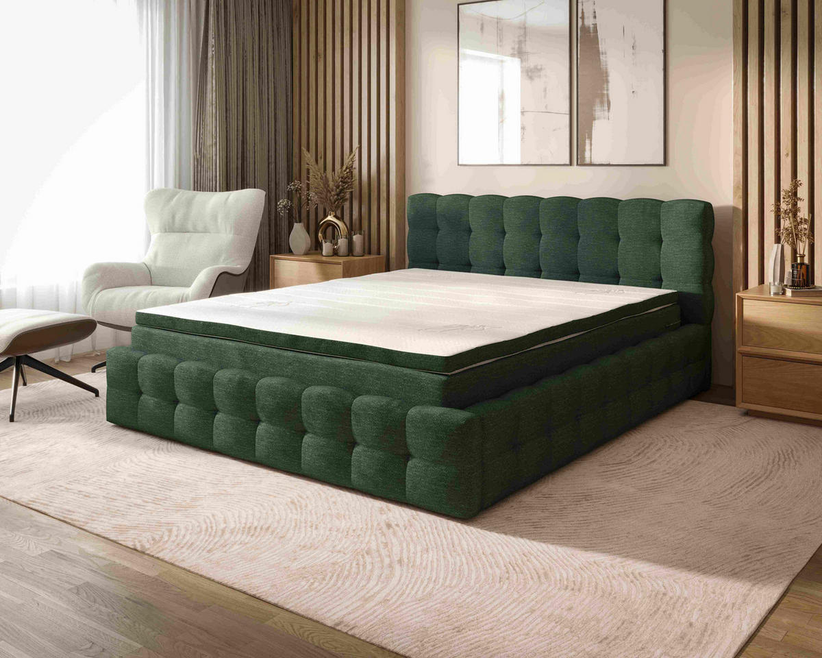 POLSTERBETT 160/200 cm,  in Waldgrün, Matratze, gepolstertes Kopfteil, Lattenrost, Bettkasten, Topper, H3 + H3 = fest  - Waldgrün/Schwarz, MODERN, Holz/Kunststoff (160/200cm) - Chameo