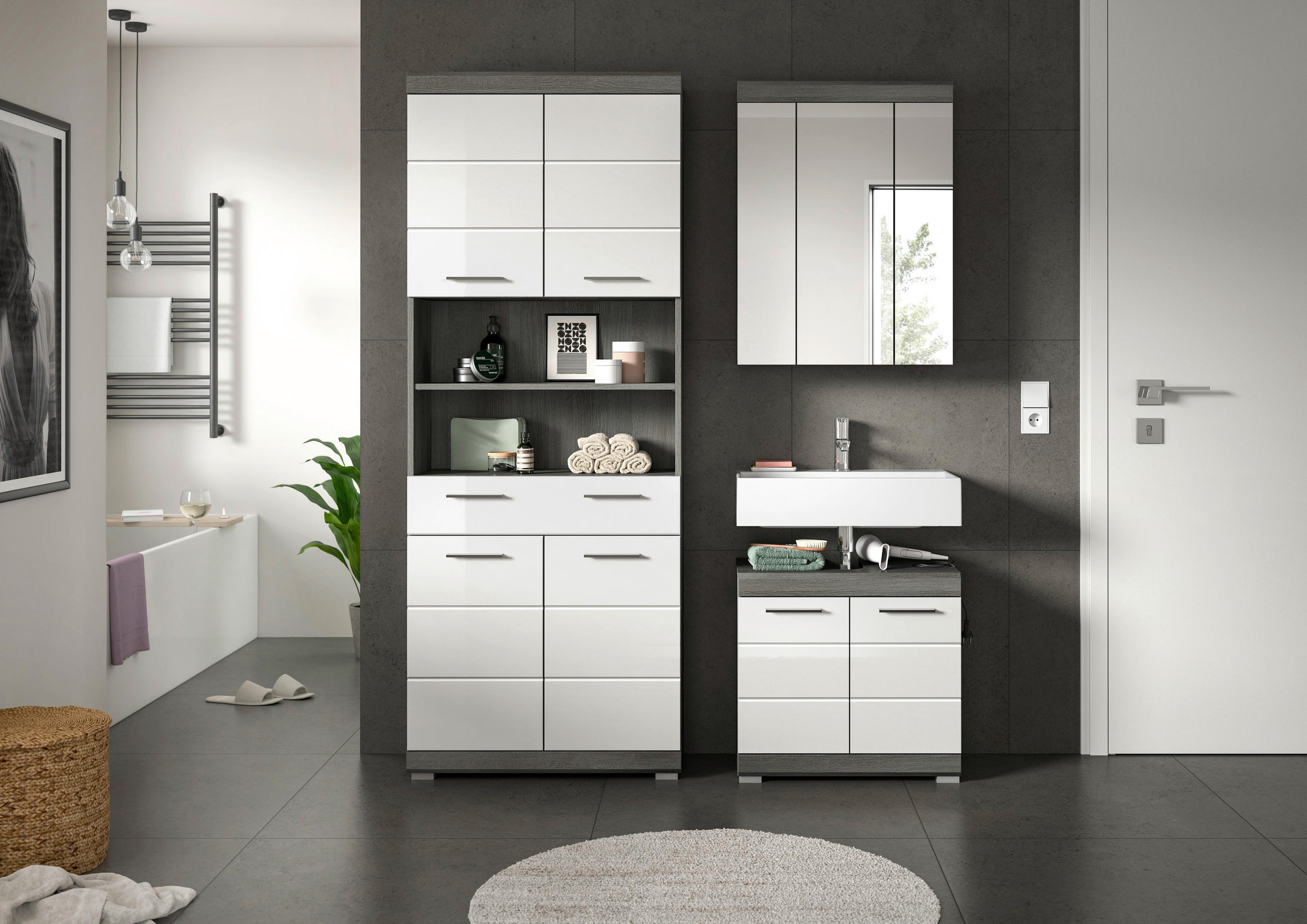 BADEZIMMER 3-teilig  in 134 cm  - Chromfarben/Weiß Hochglanz, MODERN, Holzwerkstoff/Kunststoff (134cm) - MID.YOU