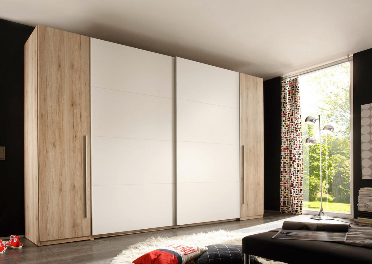 KLEIDERSCHRANK 315/225/61 cm,  in Weiß, Eiche San Remo, 4-türig  - Eichefarben/Alufarben, Design, Holzwerkstoff/Kunststoff (315/225/61cm) - Ti'me