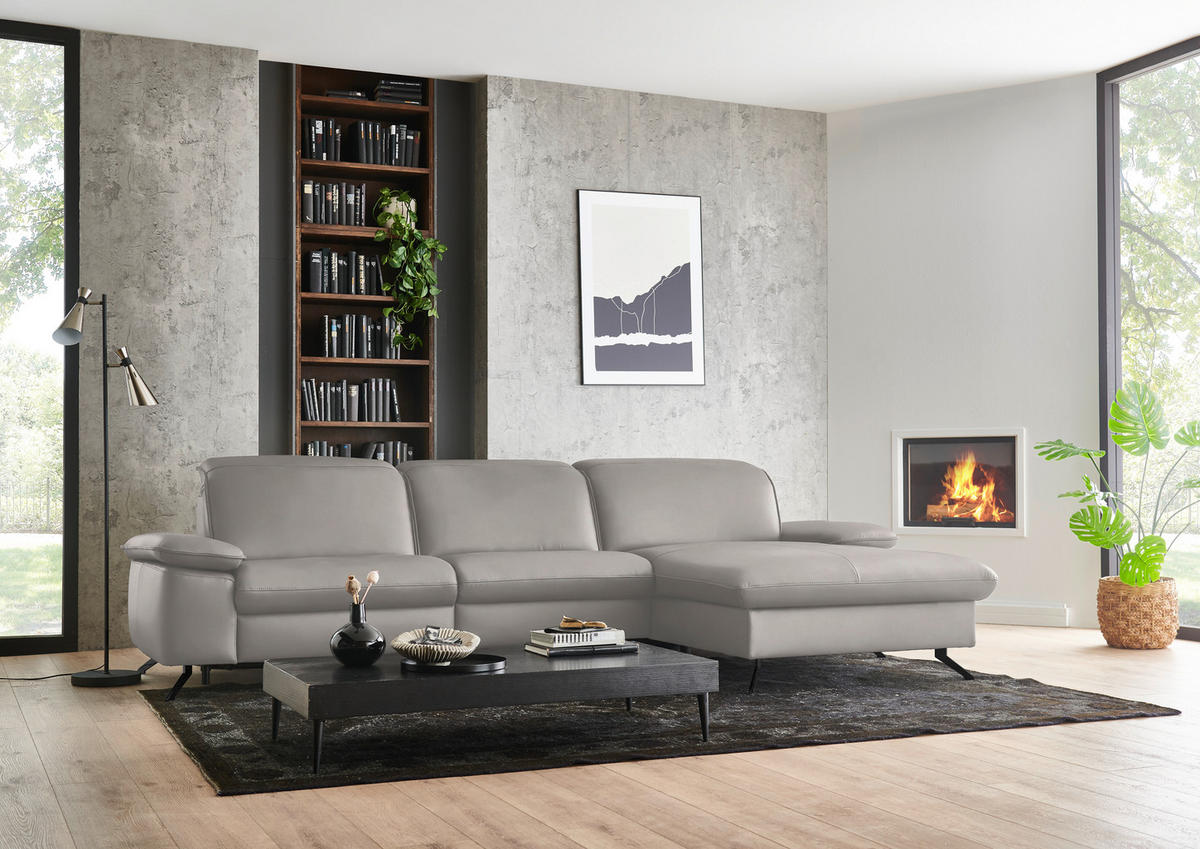 ECKSOFA  Echtleder Hellgrau  - Hellgrau/Schwarz, Design, Leder/Metall (307/169cm) - Beldomo Premium