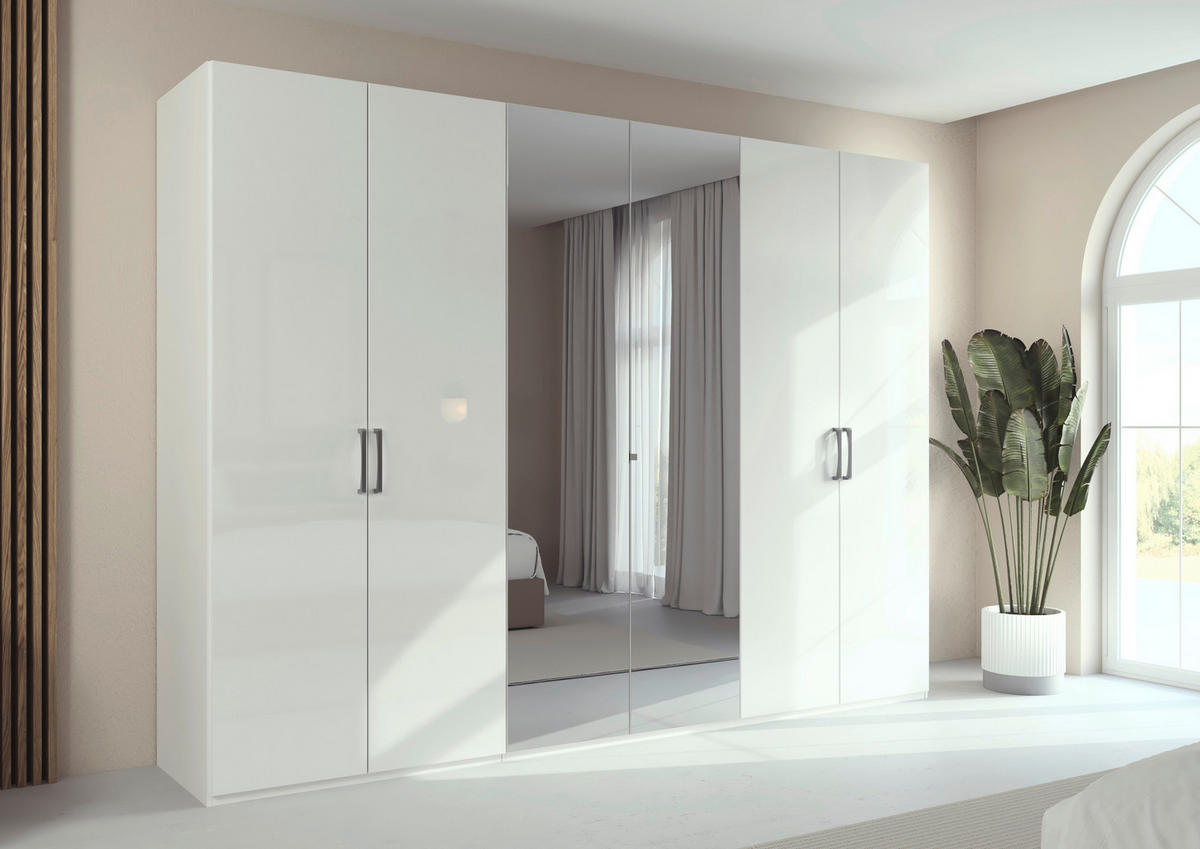 DREHTÜRENSCHRANK 301/235/61 cm,  in Weiß, Weiß Hochglanz, 6-türig  - Chromfarben/Edelstahlfarben, Basics, Glas/Holzwerkstoff (301/235/61cm) - Novel