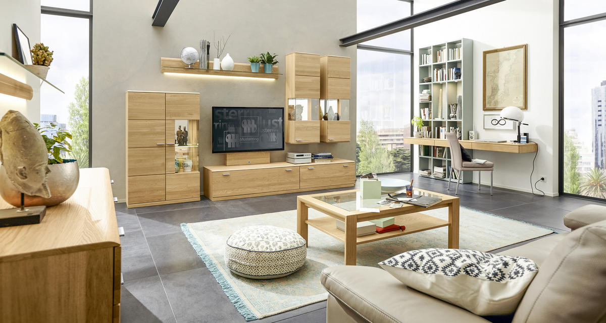 WOHNWAND Kanto  in Eichefarben  345/216/49 cm  - Edelstahlfarben/Eichefarben, KONVENTIONELL, Glas/Holz (345/216/49cm) - Musterring
