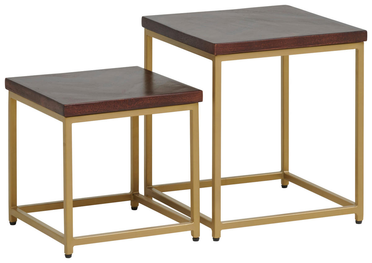 BEISTELLTISCHSET Mangoholz vollmassiv quadratisch Goldfarben, Walnussfarben  - Goldfarben/Walnussfarben, Design, Holz/Metall (36/31/40/30/36/31cm) - MID.YOU