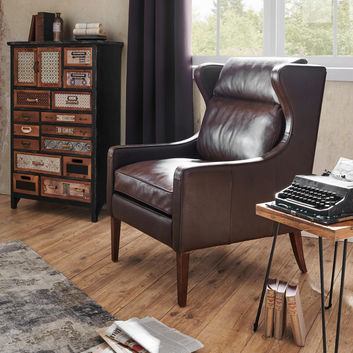 ÖRONLAPPSFÅTÖLJ i trä, läder brun  - brun, Lifestyle, läder/trä (69/103/89cm) - Ambia Home