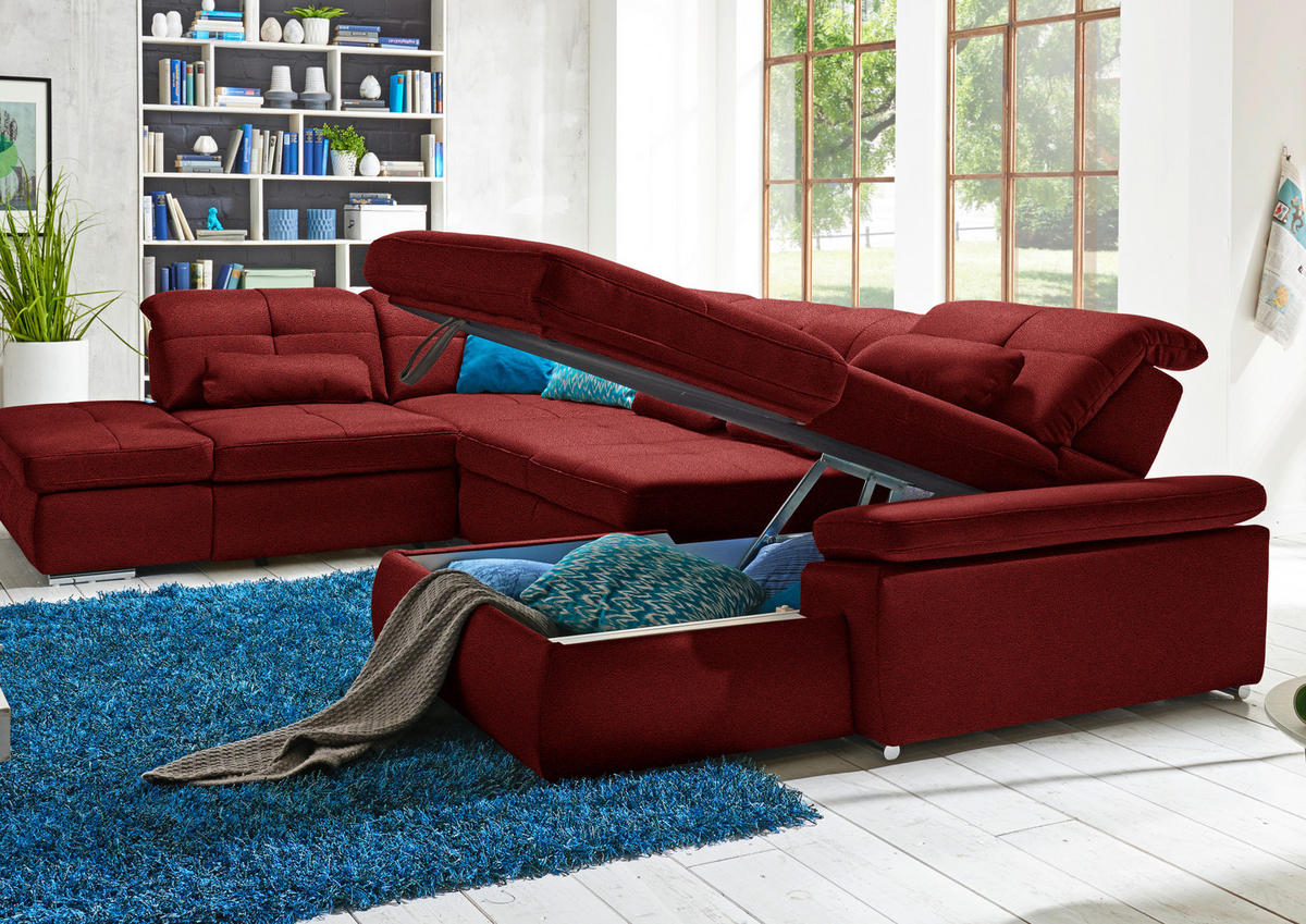 WOHNLANDSCHAFT  in Mikrofaser Dunkelrot  - Chromfarben/Dunkelrot, Design, Holzwerkstoff/Textil (260/371/195cm) - Beldomo Style