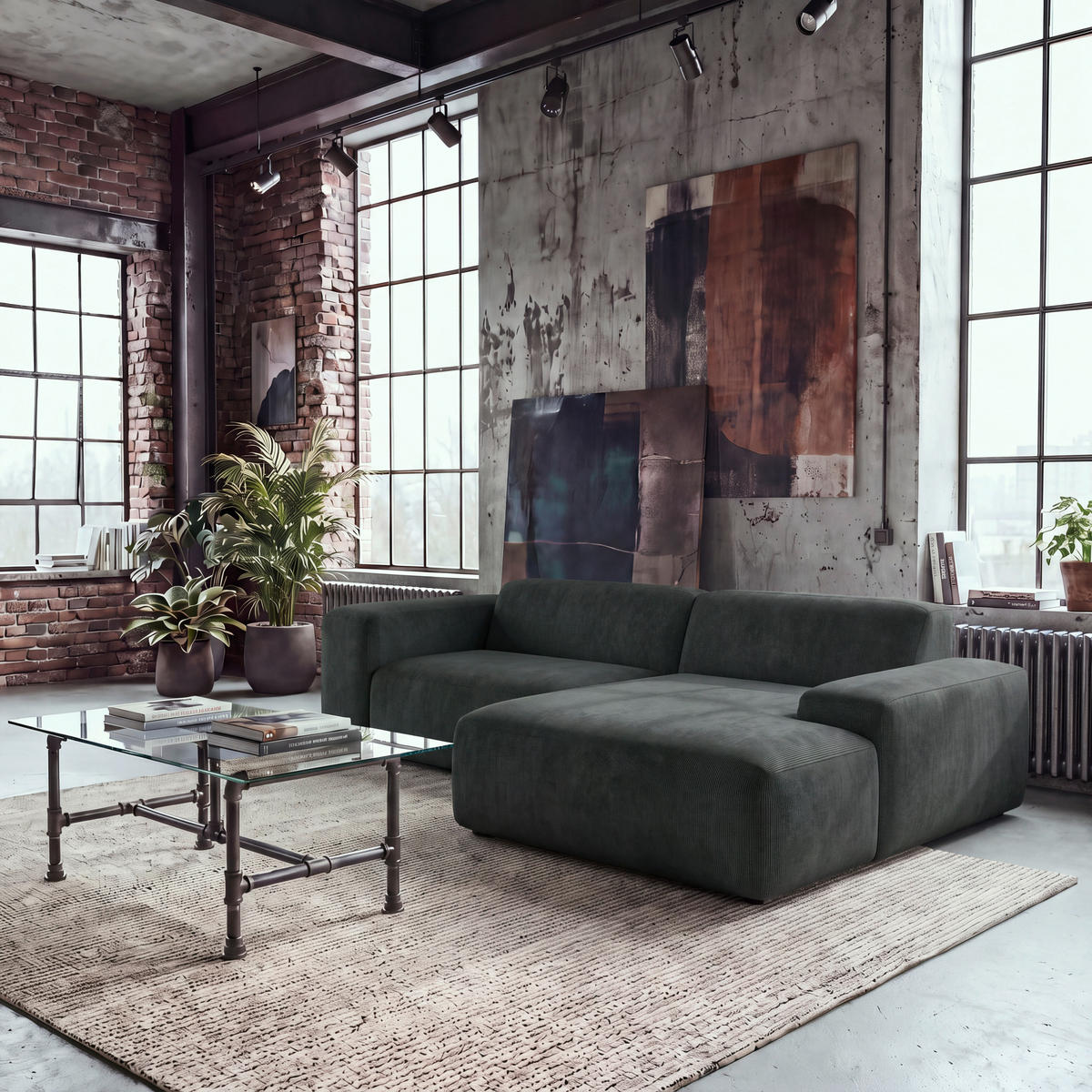 ECKSOFA HANNAH Schwarz Cord  - Schwarz, Design, Kunststoff/Textil (252/170cm) - MID.YOU