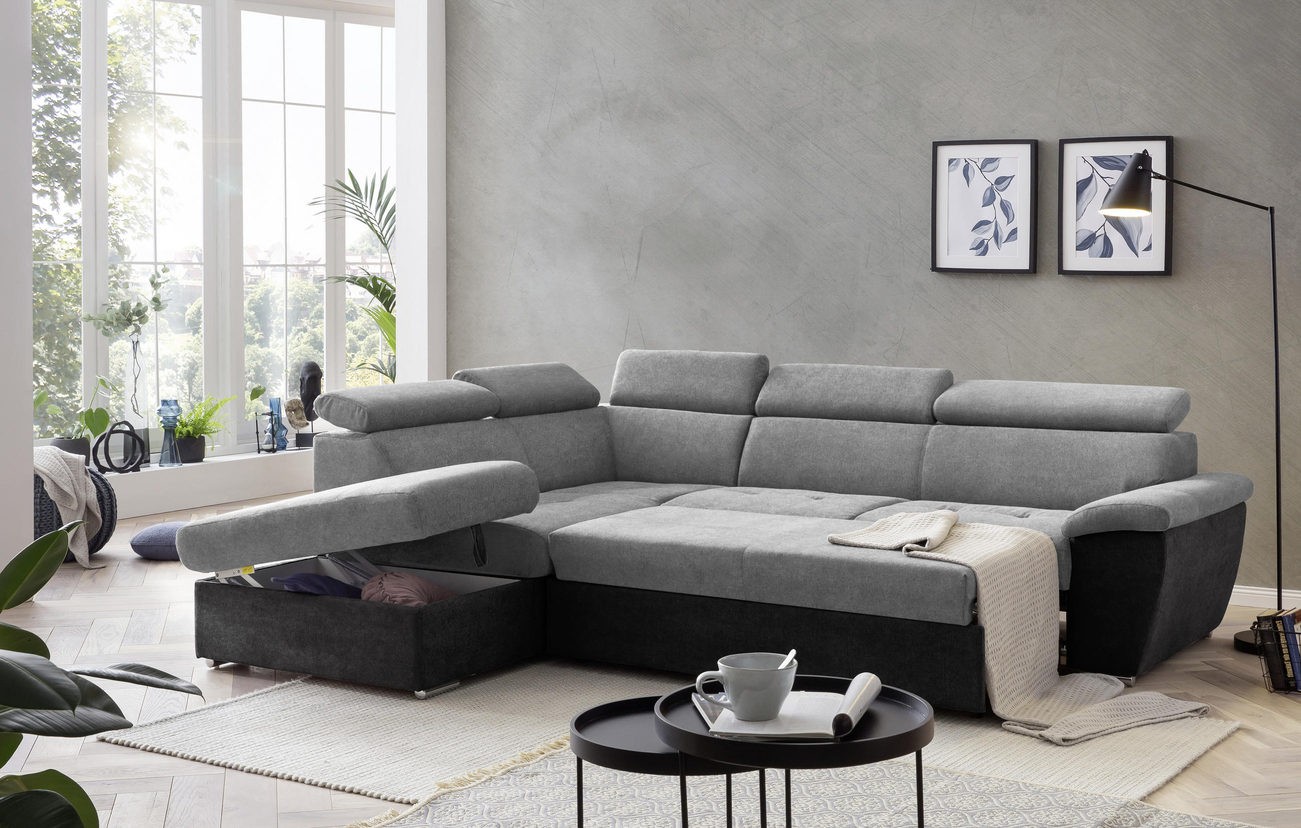 ECKSOFA Grau, Schwarz Mikrofaser  - Chromfarben/Schwarz, Design, Textil/Metall (216/262cm) - Livetastic