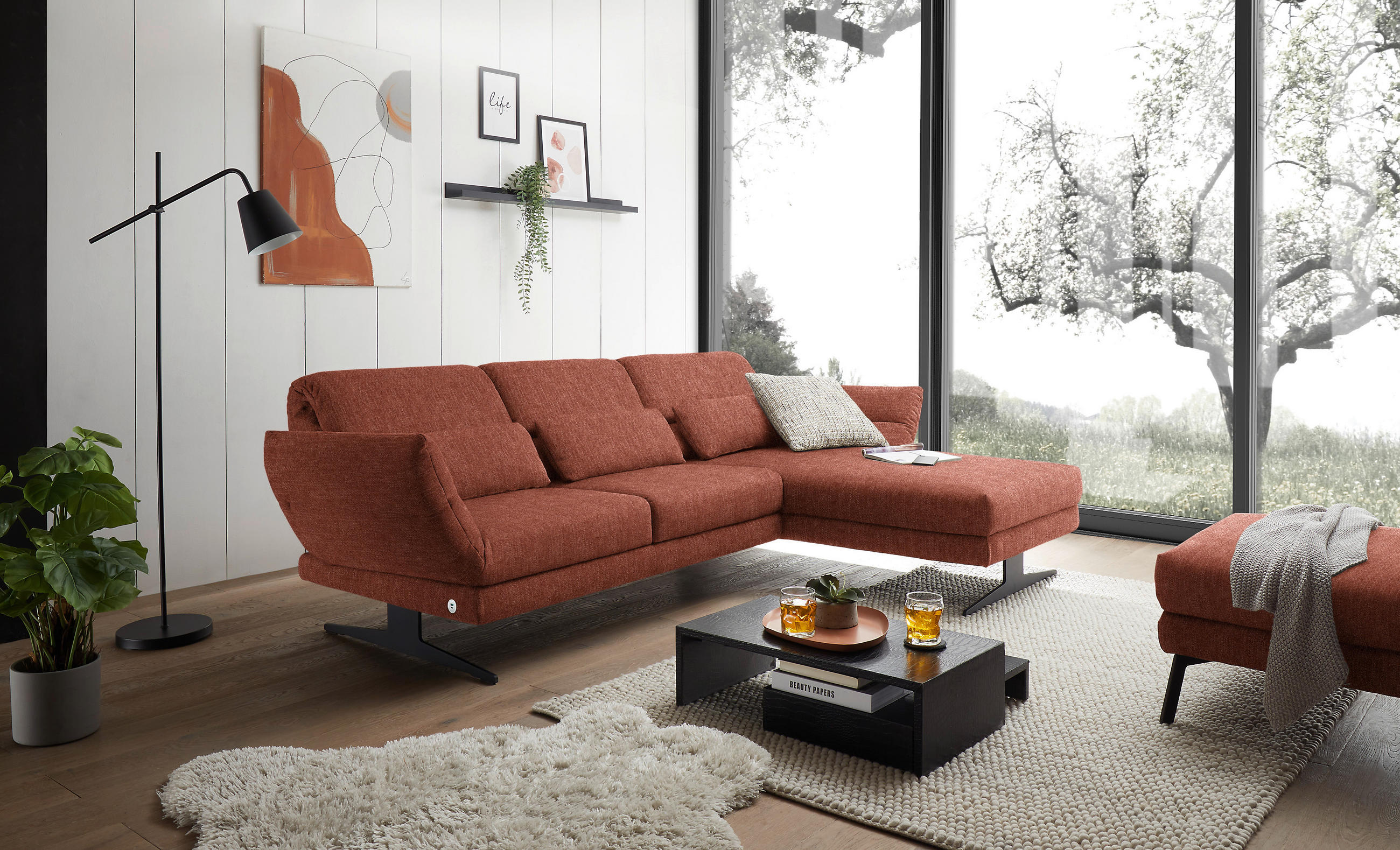 ECKSOFA in Flachgewebe Rostfarben  - Rostfarben/Schwarz, Design, Textil/Metall (279-327/176-217cm) - Dieter Knoll