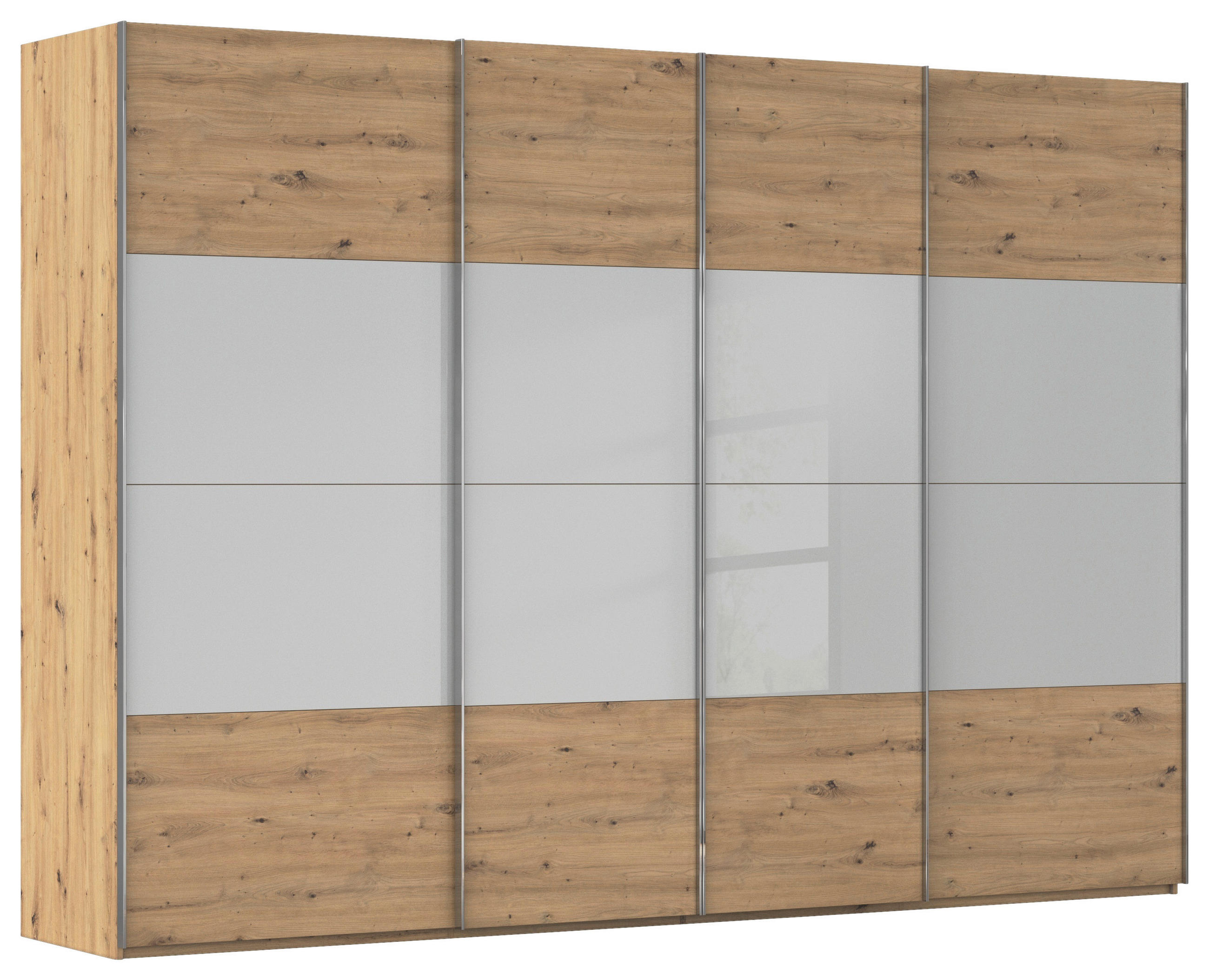 SCHWEBETÜRENSCHRANK 316/235/68 cm 4-türig Grau, Eiche Artisan  - Chromfarben/Eiche Artisan, KONVENTIONELL, Glas/Holzwerkstoff (316/235/68cm) - Novel