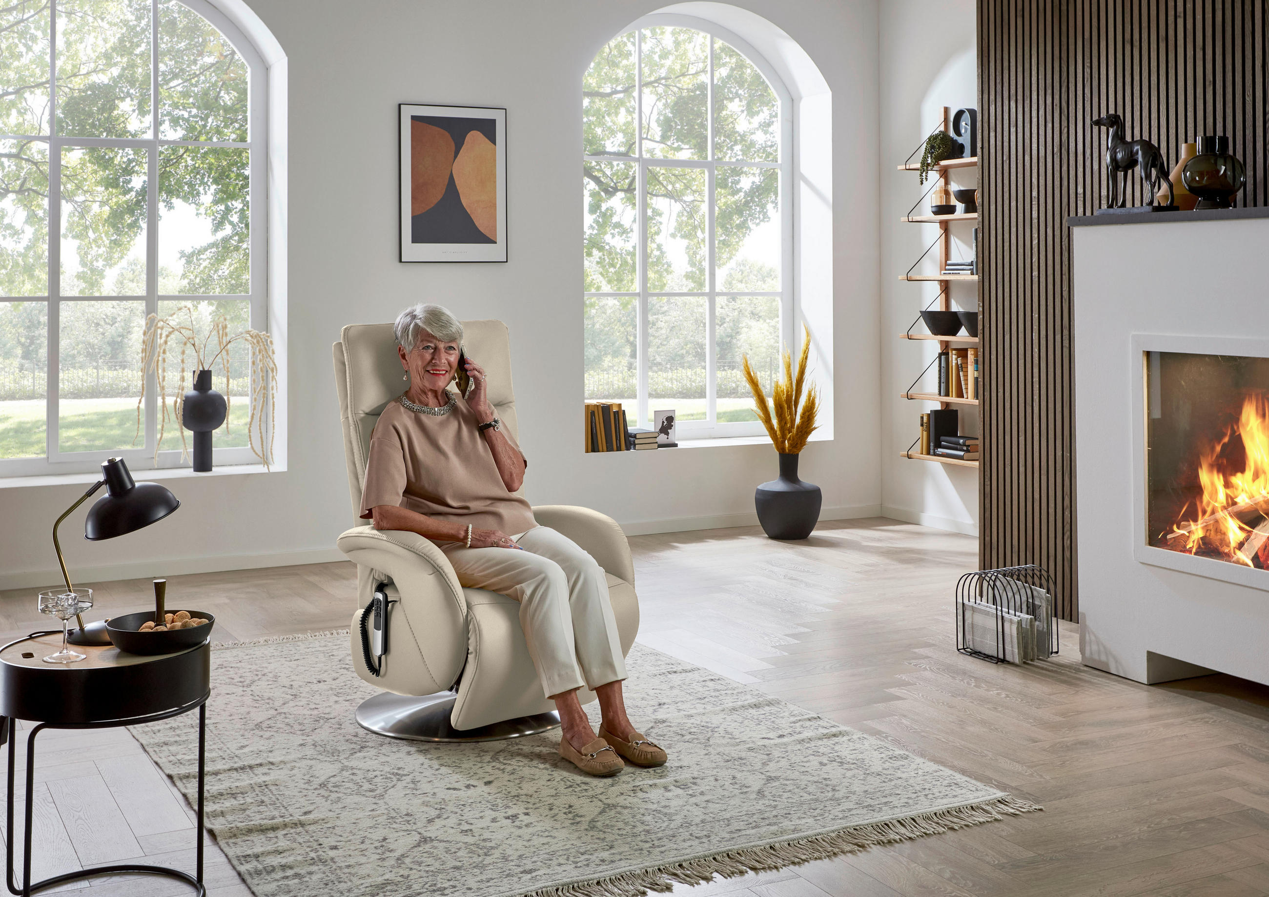 RELAXSESSEL in Leder Creme  - Edelstahlfarben/Creme, Design, Leder/Metall (70/108/80cm) - Cantus