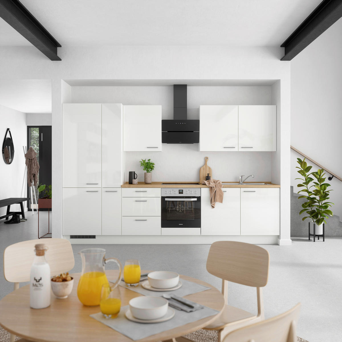 KÜCHENLEERBLOCK 330 cm   in Eichefarben, Weiß Hochglanz  - Edelstahlfarben/Eichefarben, MODERN, Holzwerkstoff/Metall (330cm) - Nobilia