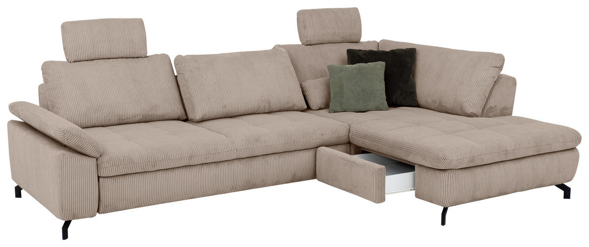 ECKSOFA in Cord, Velours Hellbraun  - Hellbraun/Schwarz, Design, Textil/Metall (291/197cm) - Beldomo Style