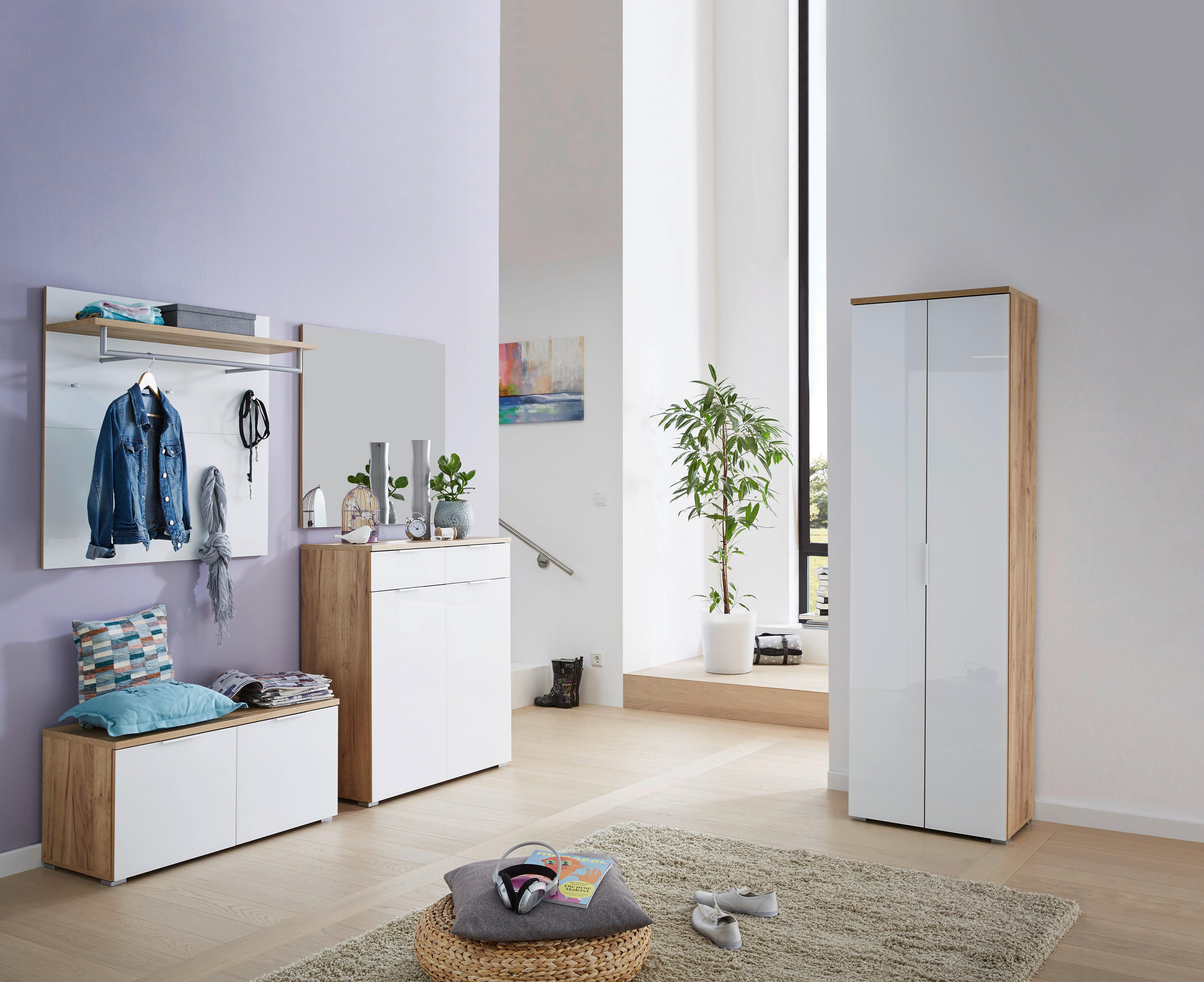 GARDEROBENBANK 97/47/40 cm  - Weiss/Eichefarben, Design, Glas/Holzwerkstoff (97/47/40cm) - Voleo