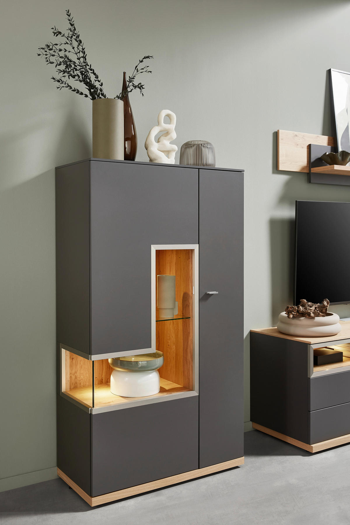 WOHNWAND 3-teilig  in Grau, Eichefarben  290/161/52 cm  - Schieferfarben/Eichefarben, Design, Glas/Holz (290/161/52cm) - Dieter Knoll