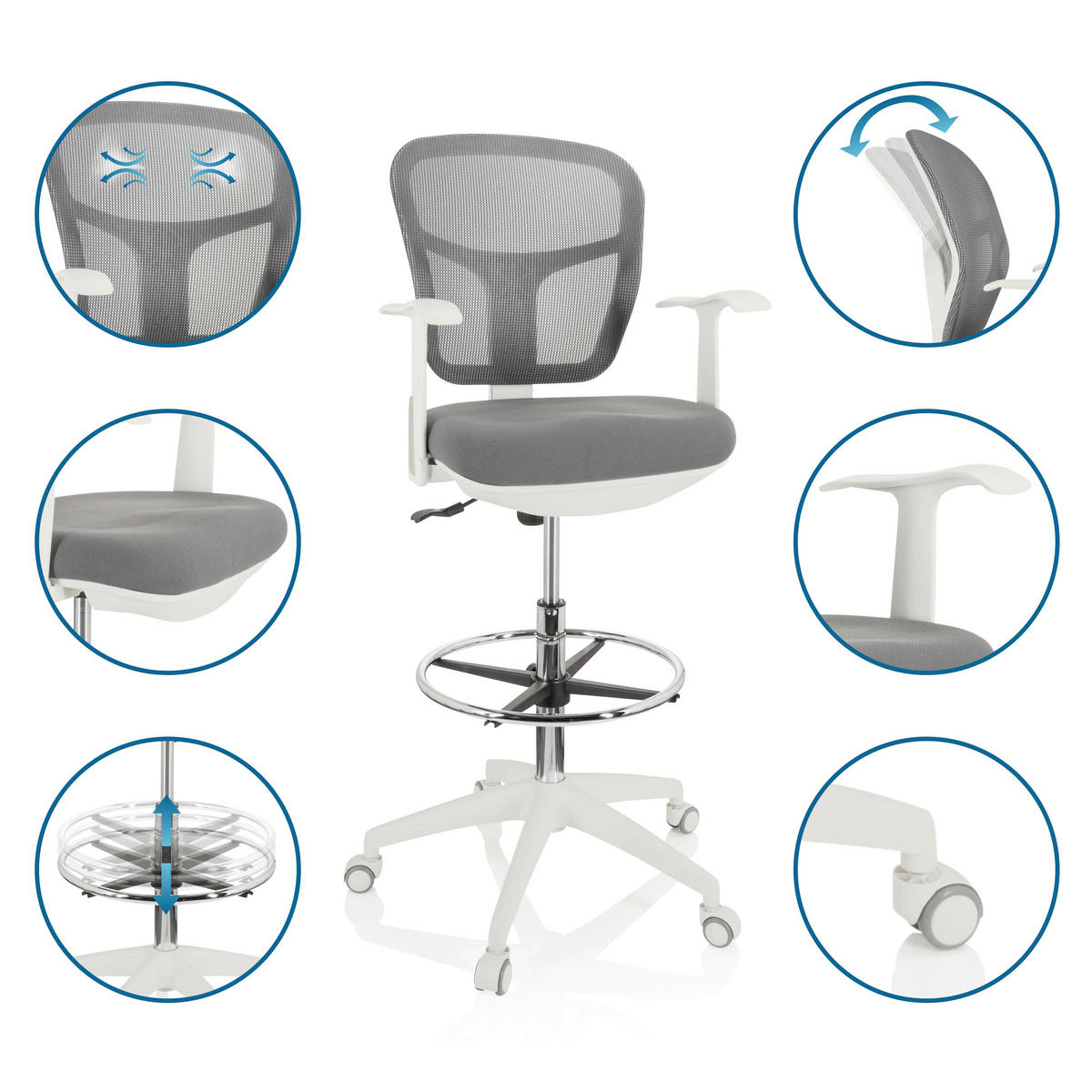 OTOČNÁ ŽIDLE, síťovina, plochá tkanina, šedá, bílá - šedá/bílá, Basics, textil/plast (68/115/55cm) - MID.YOU