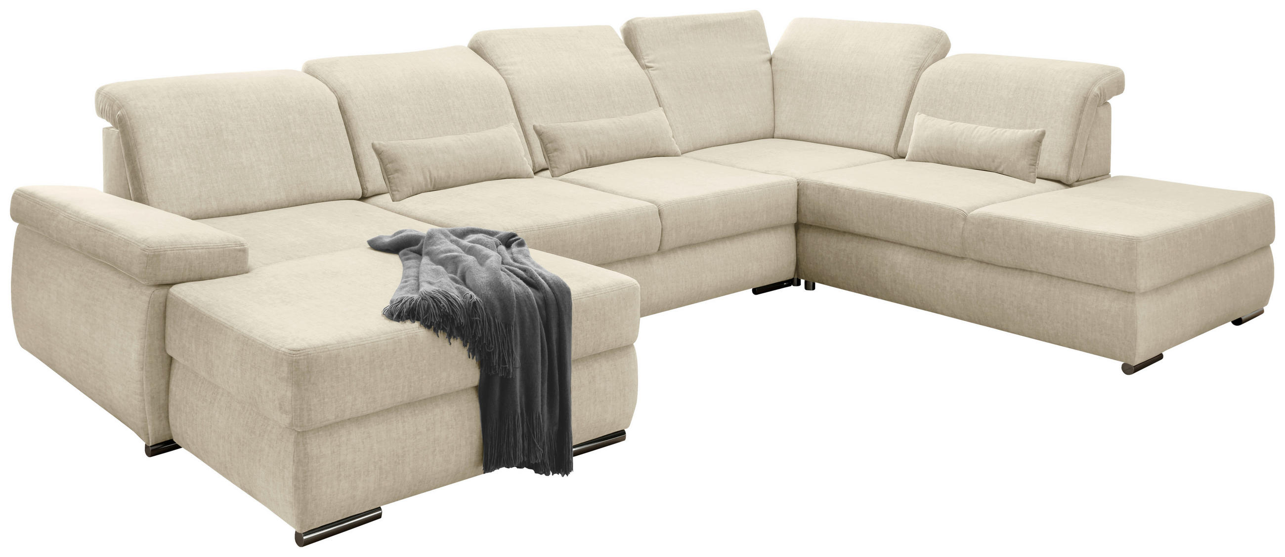 WOHNLANDSCHAFT Creme Velours  - Chromfarben/Creme, MODERN, Textil/Metall (186/375/250cm) - Livetastic