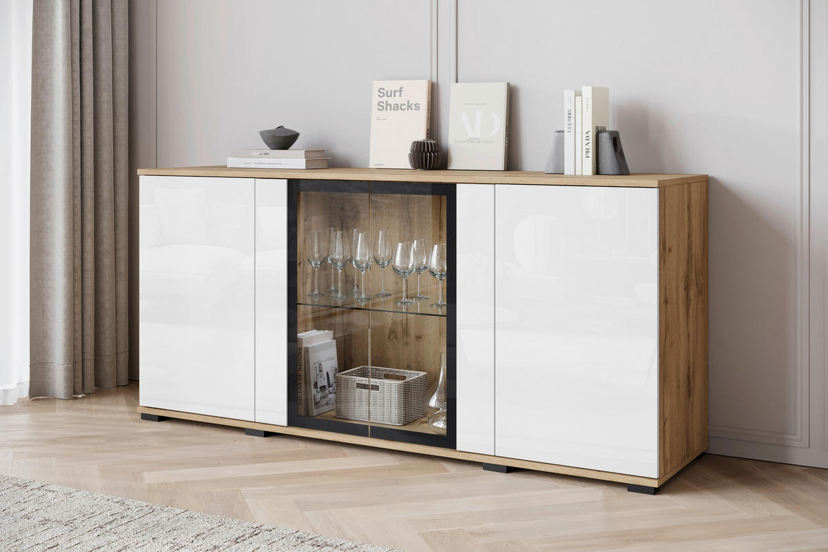 SIDEBOARD 150/69,7/39,5 cm  in Eiche Wotan, Weiss Hochglanz  - Weiss Hochglanz/Eiche Wotan, Design, Glas/Holzwerkstoff (150/69,7/39,5cm) - Livetastic