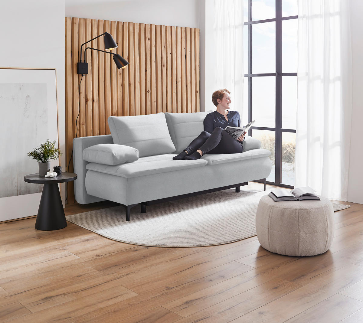 BOXSPRINGSOFA in Flachgewebe Grauweiss  - Schwarz/Grauweiss, Konventionell, Textil/Metall (204/93/100cm) - Livetastic