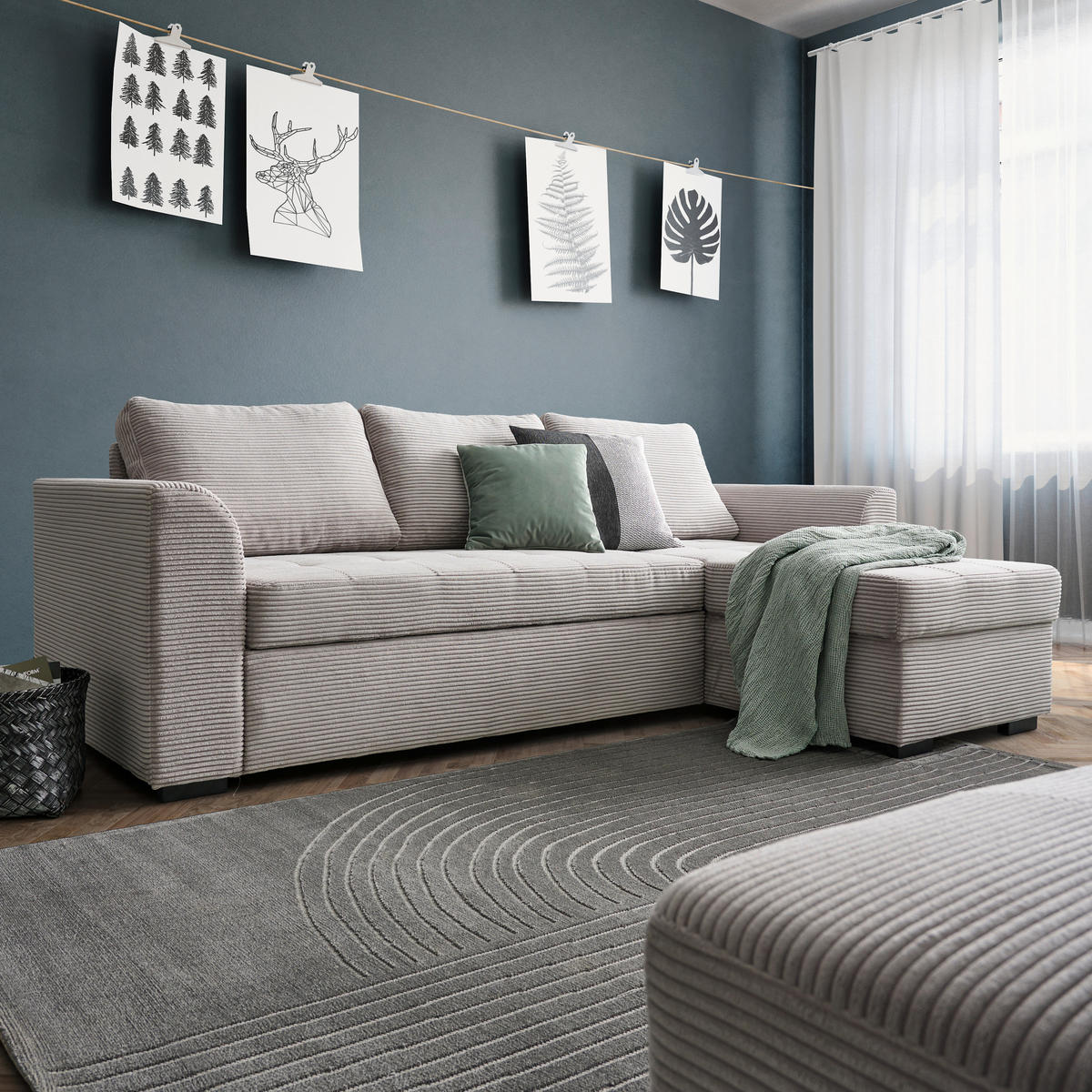 ECKSOFA in Cord, Velours Hellgrau  - Hellgrau/Schwarz, Design, Kunststoff/Textil (243/155cm) - Xora